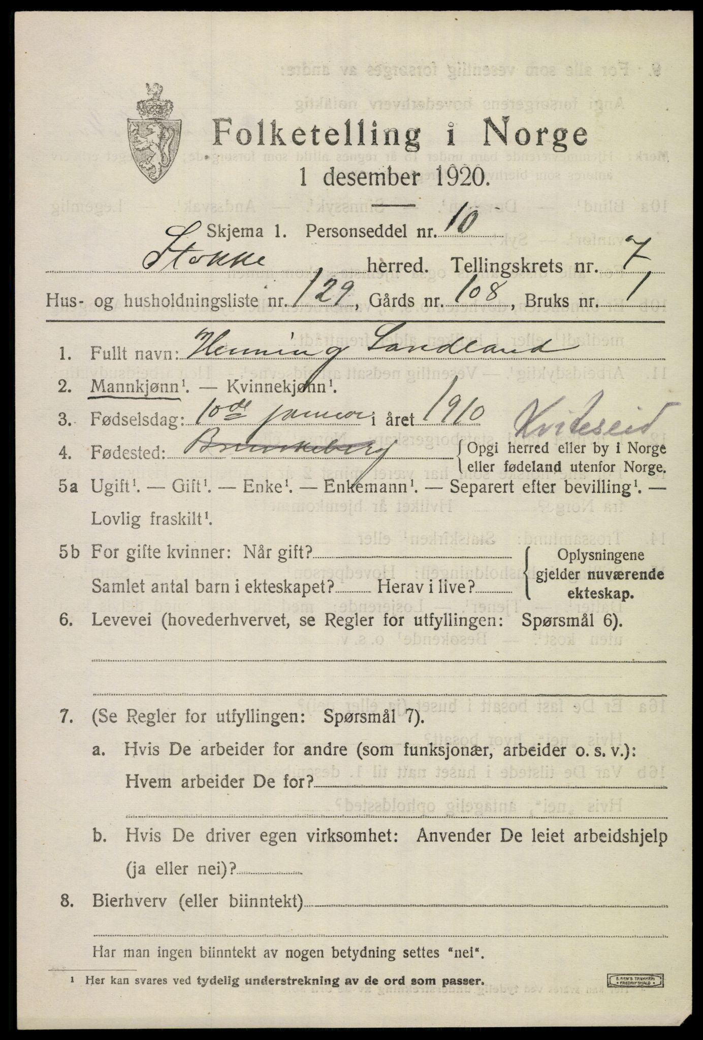 SAKO, 1920 census for Stokke, 1920, p. 9286