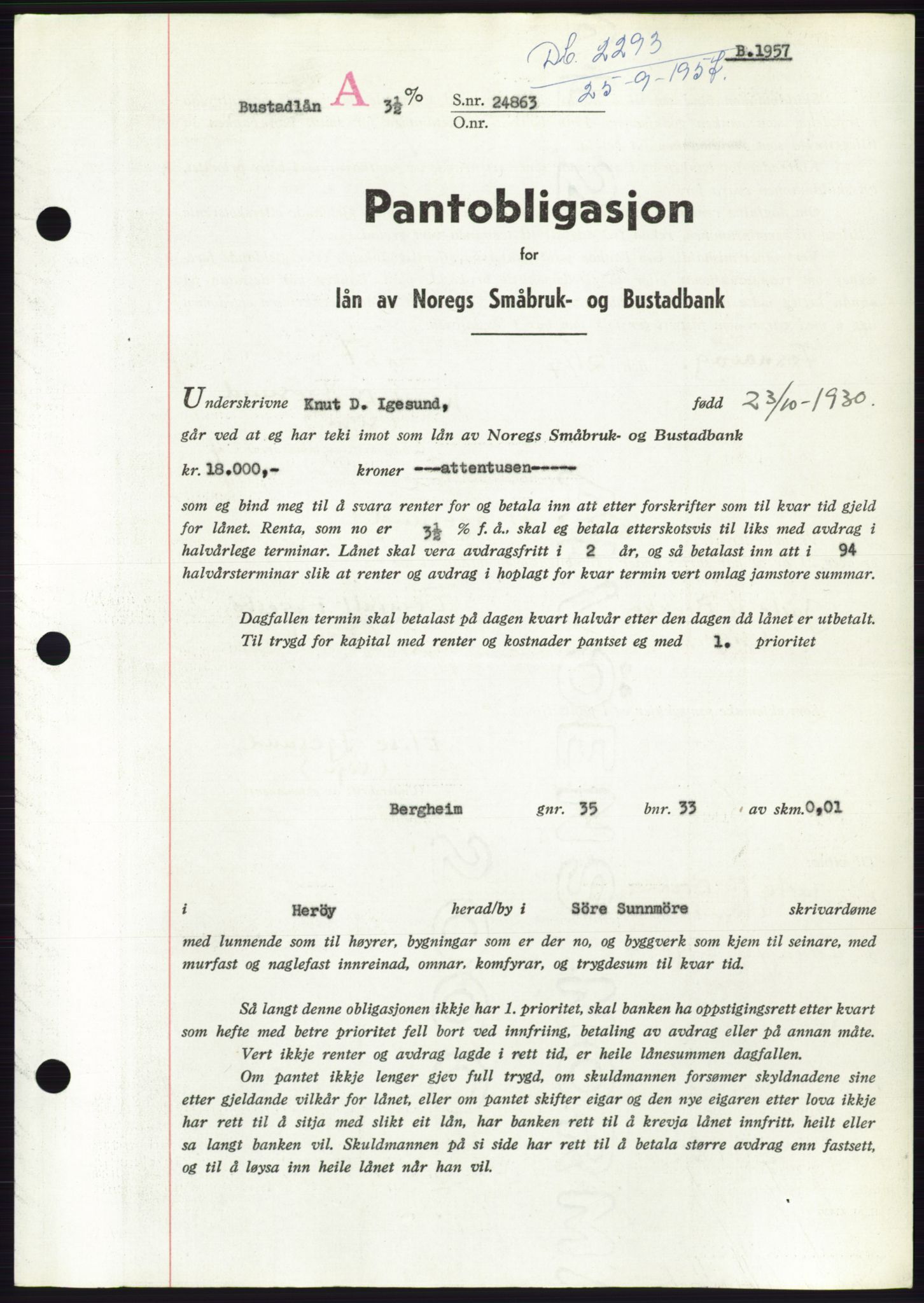 Søre Sunnmøre sorenskriveri, AV/SAT-A-4122/1/2/2C/L0130: Mortgage book no. 18B, 1957-1958, Diary no: : 2293/1957