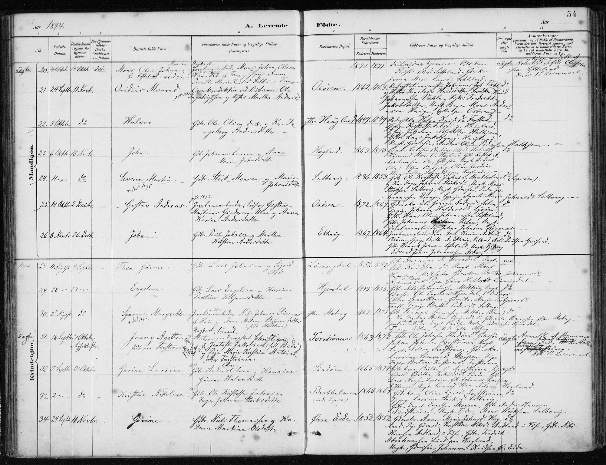 Os sokneprestembete, AV/SAB-A-99929: Parish register (official) no. B 1, 1885-1902, p. 54