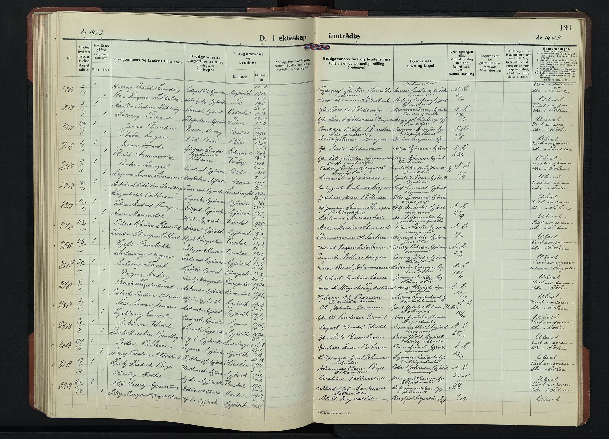 Gjøvik prestekontor, SAH/PREST-098/H/Ha/Hab/L0001: Parish register (copy) no. 1, 1941-1951, p. 191