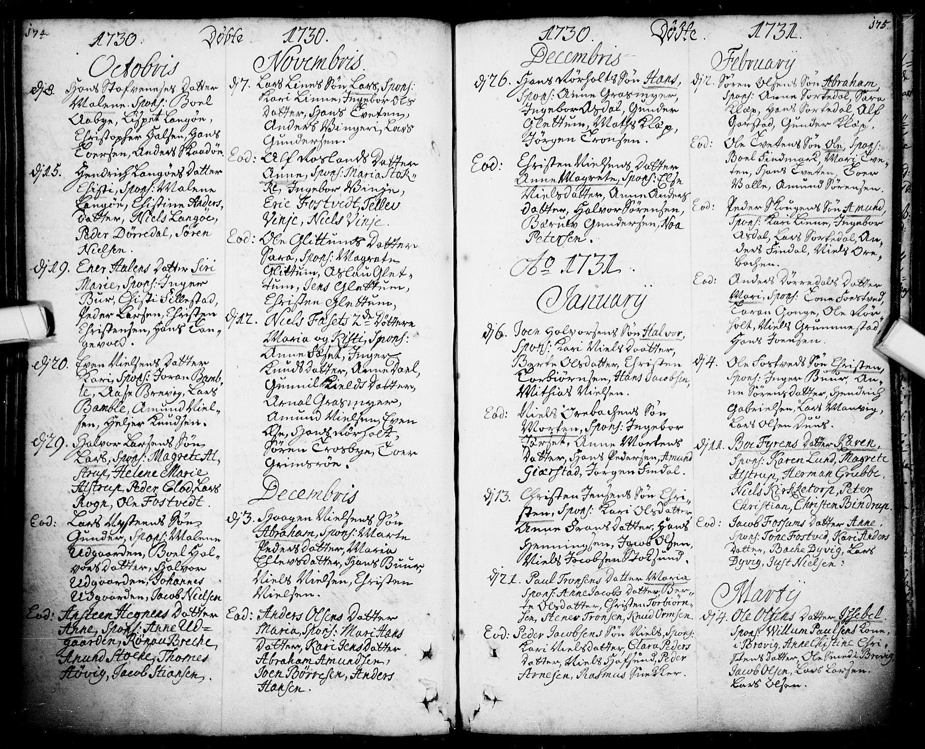 Bamble kirkebøker, SAKO/A-253/F/Fa/L0001: Parish register (official) no. I 1, 1702-1774, p. 174-175