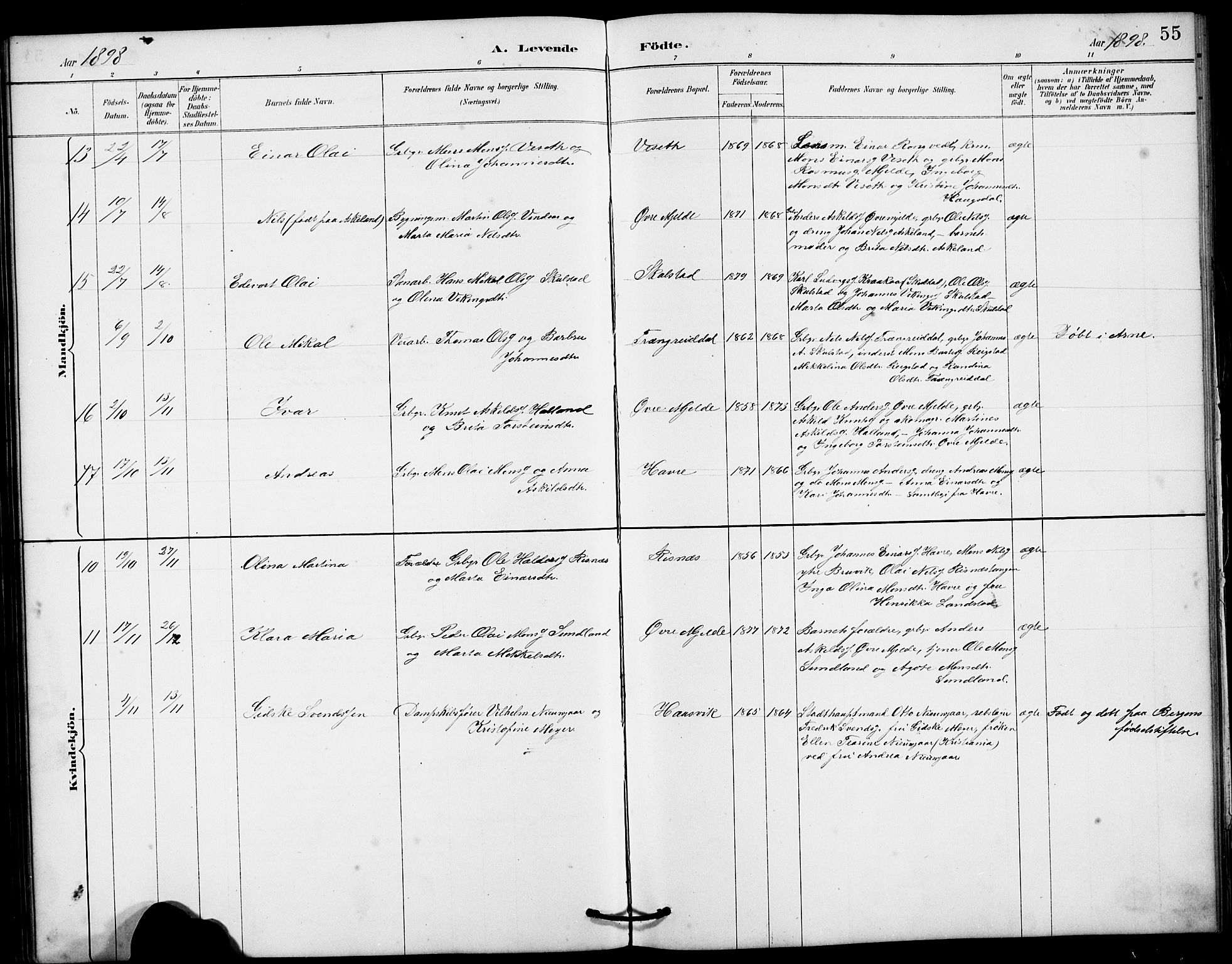 Haus sokneprestembete, AV/SAB-A-75601/H/Hab: Parish register (copy) no. B 3, 1885-1899, p. 55