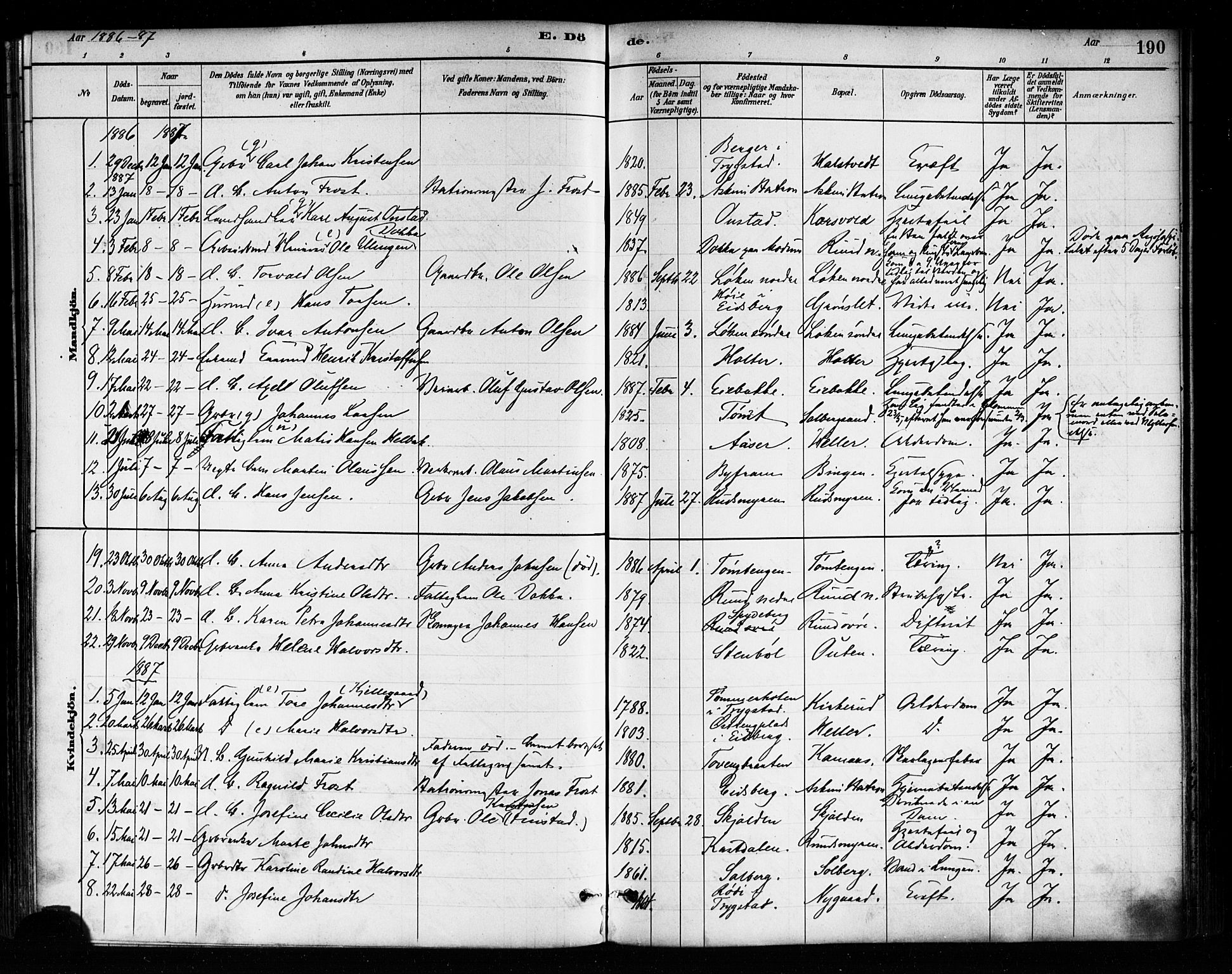 Askim prestekontor Kirkebøker, AV/SAO-A-10900/F/Fa/L0007: Parish register (official) no. 7, 1882-1897, p. 190