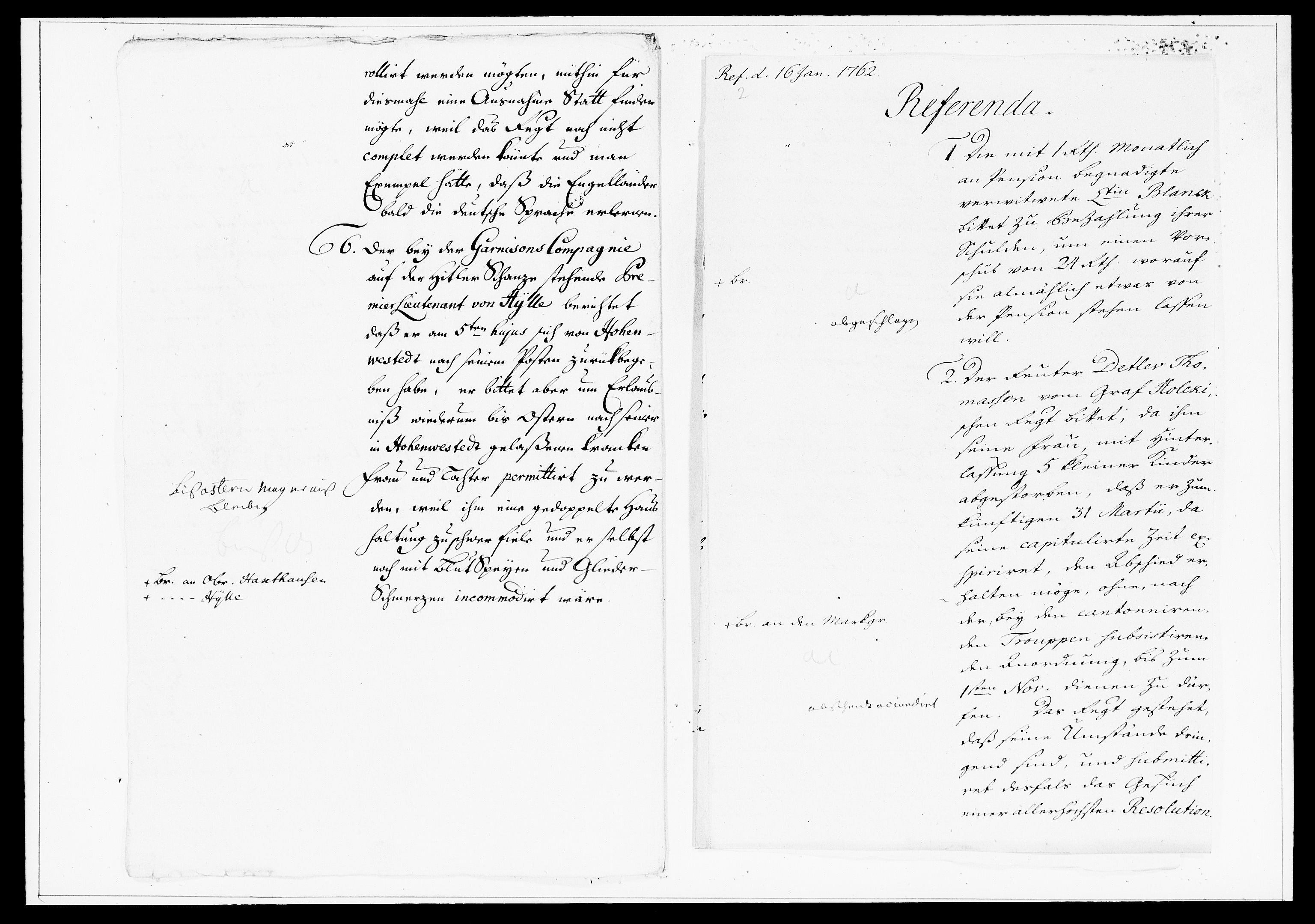 Krigskollegiet, Krigskancelliet, DRA/A-0006/-/1386-1405: Refererede sager, 1762, p. 43