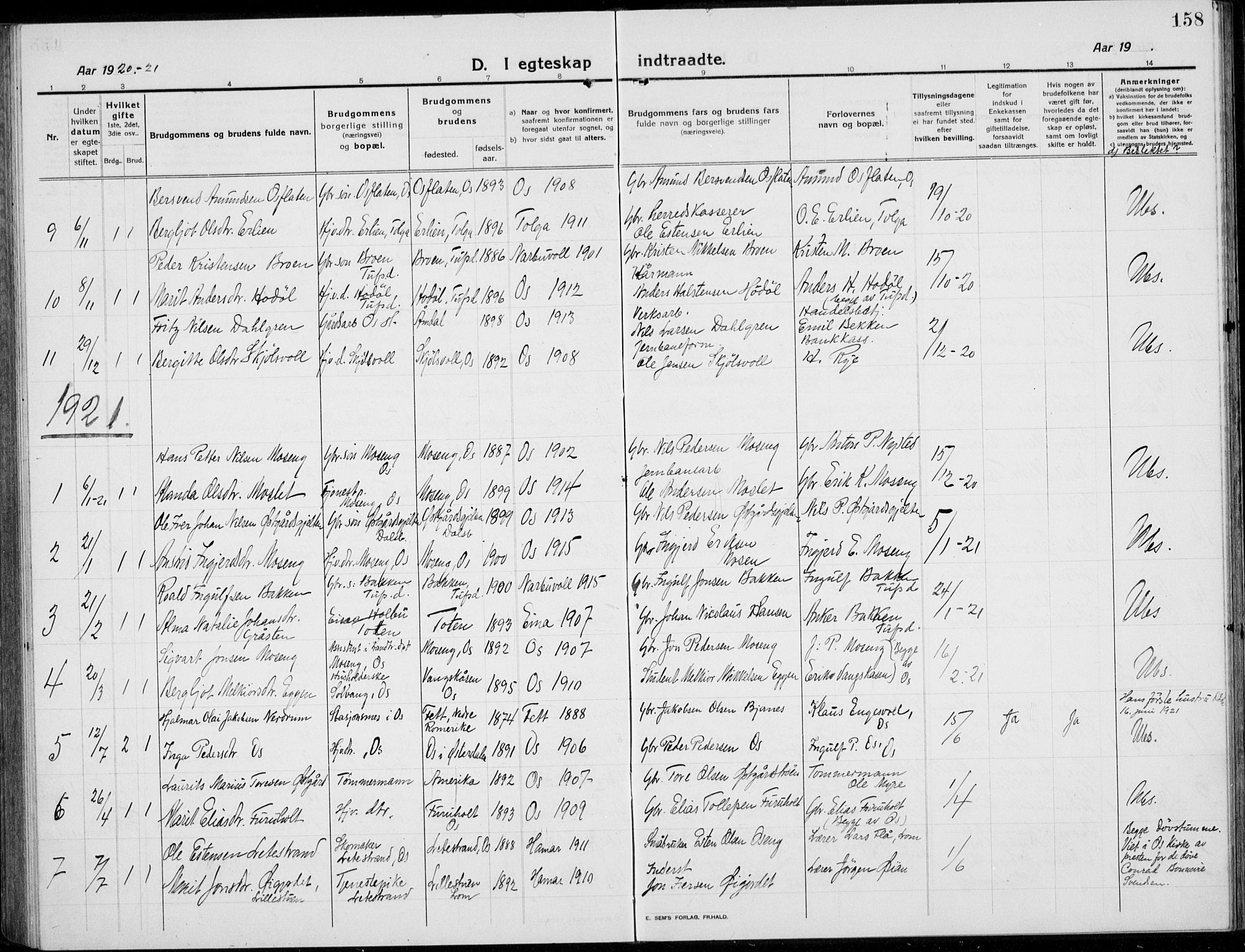 Tolga prestekontor, SAH/PREST-062/L/L0014: Parish register (copy) no. 14, 1913-1936, p. 158