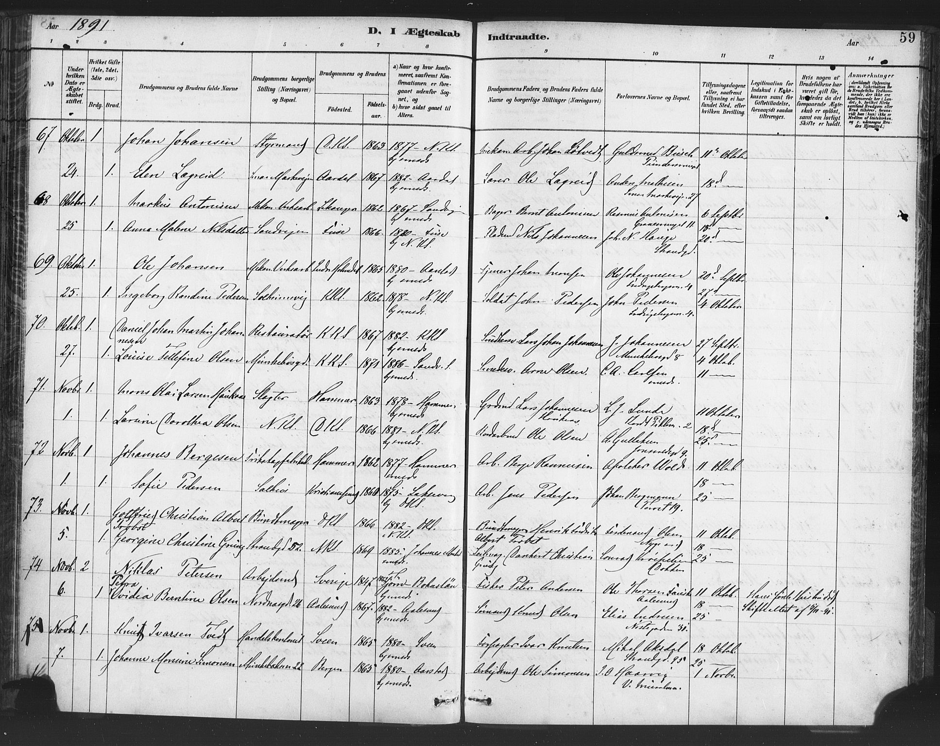 Nykirken Sokneprestembete, AV/SAB-A-77101/H/Haa/L0033: Parish register (official) no. D 3, 1884-1895, p. 59