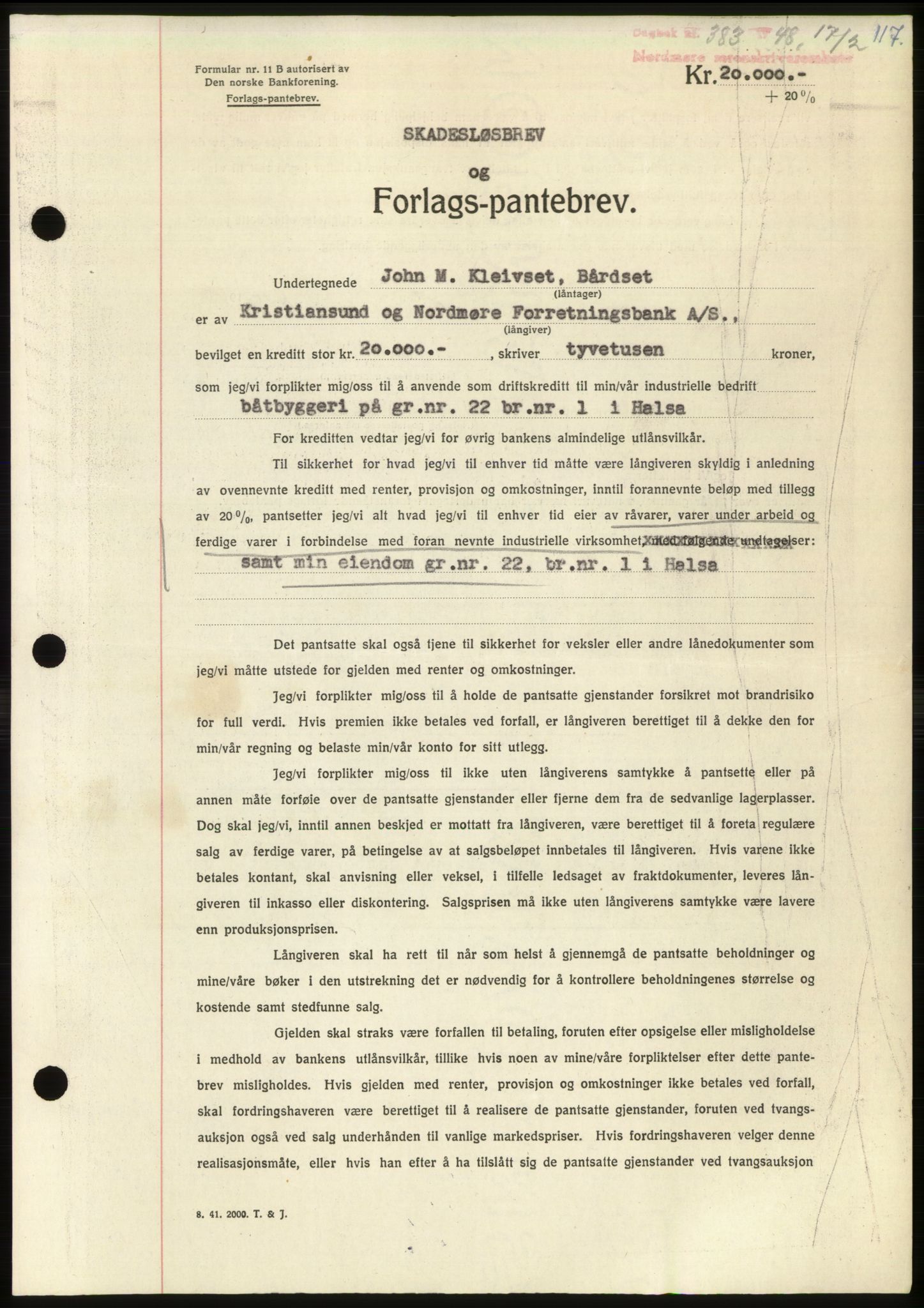Nordmøre sorenskriveri, AV/SAT-A-4132/1/2/2Ca: Mortgage book no. B98, 1948-1948, Diary no: : 383/1948