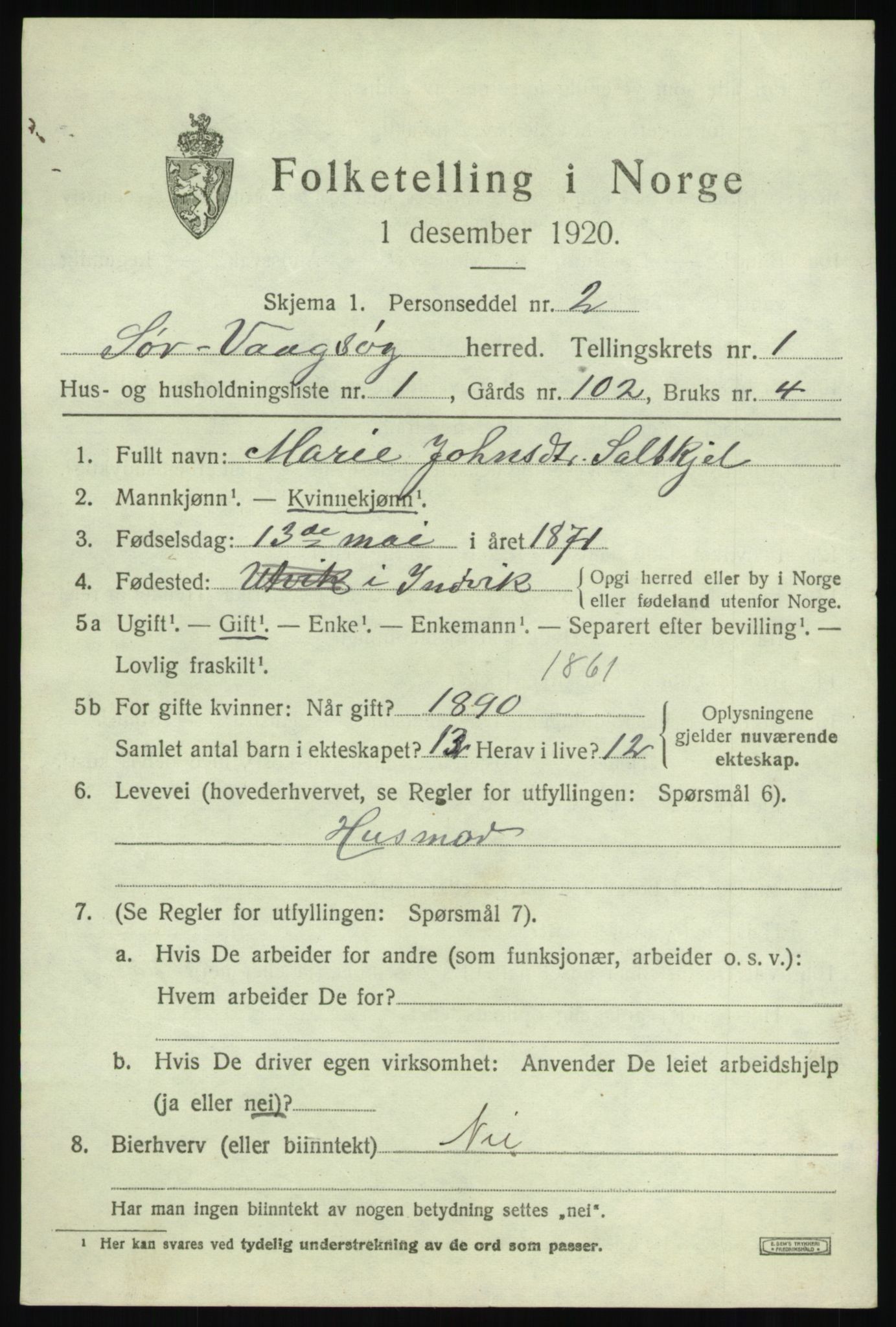 SAB, 1920 census for Sør-Vågsøy, 1920, p. 580