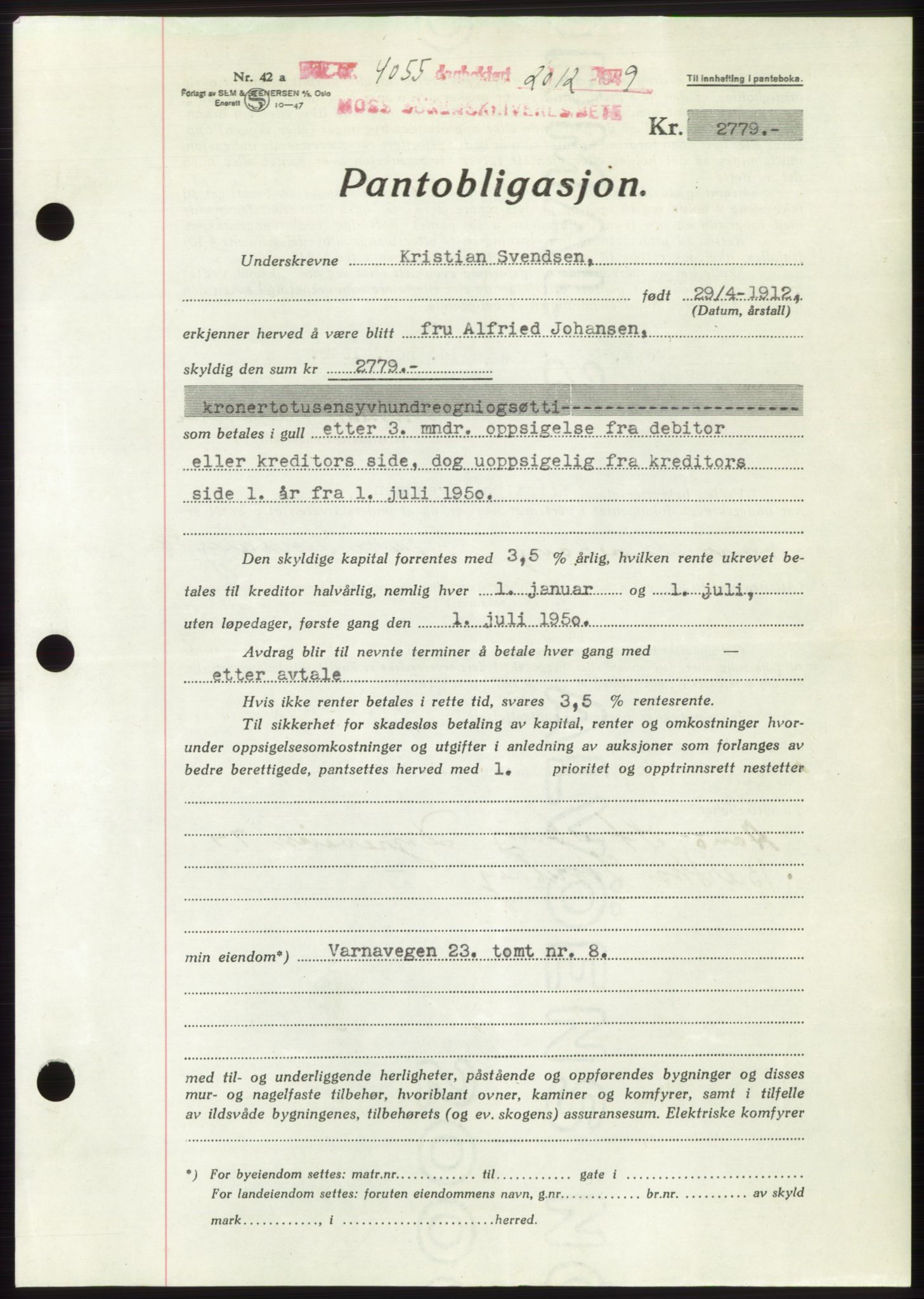 Moss sorenskriveri, SAO/A-10168: Mortgage book no. B23, 1949-1950, Diary no: : 4055/1949