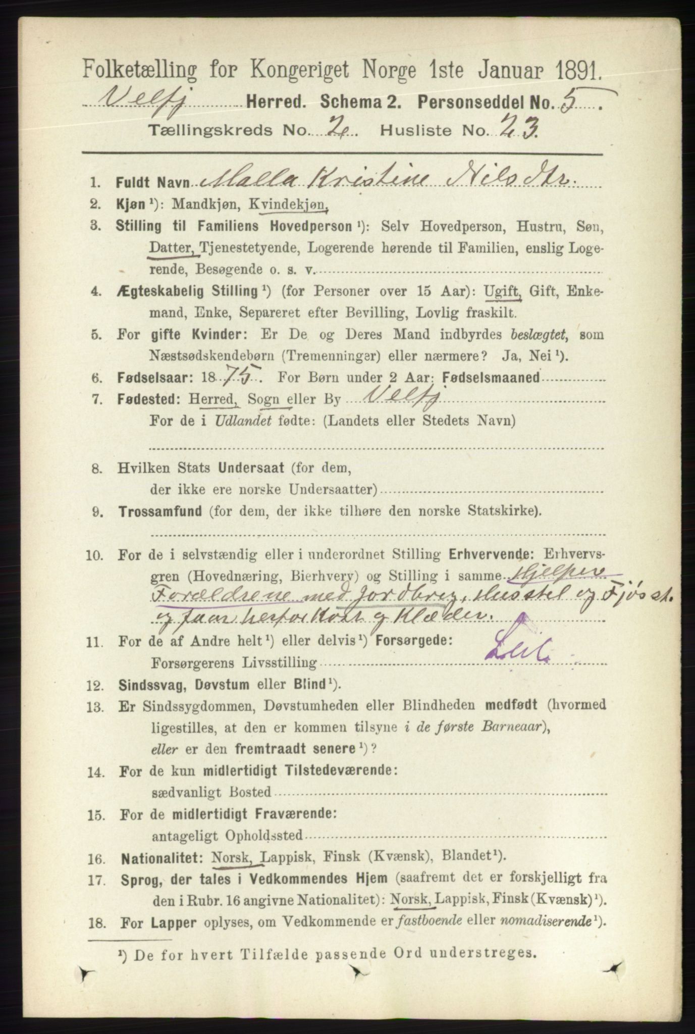 RA, 1891 census for 1813 Velfjord, 1891, p. 695