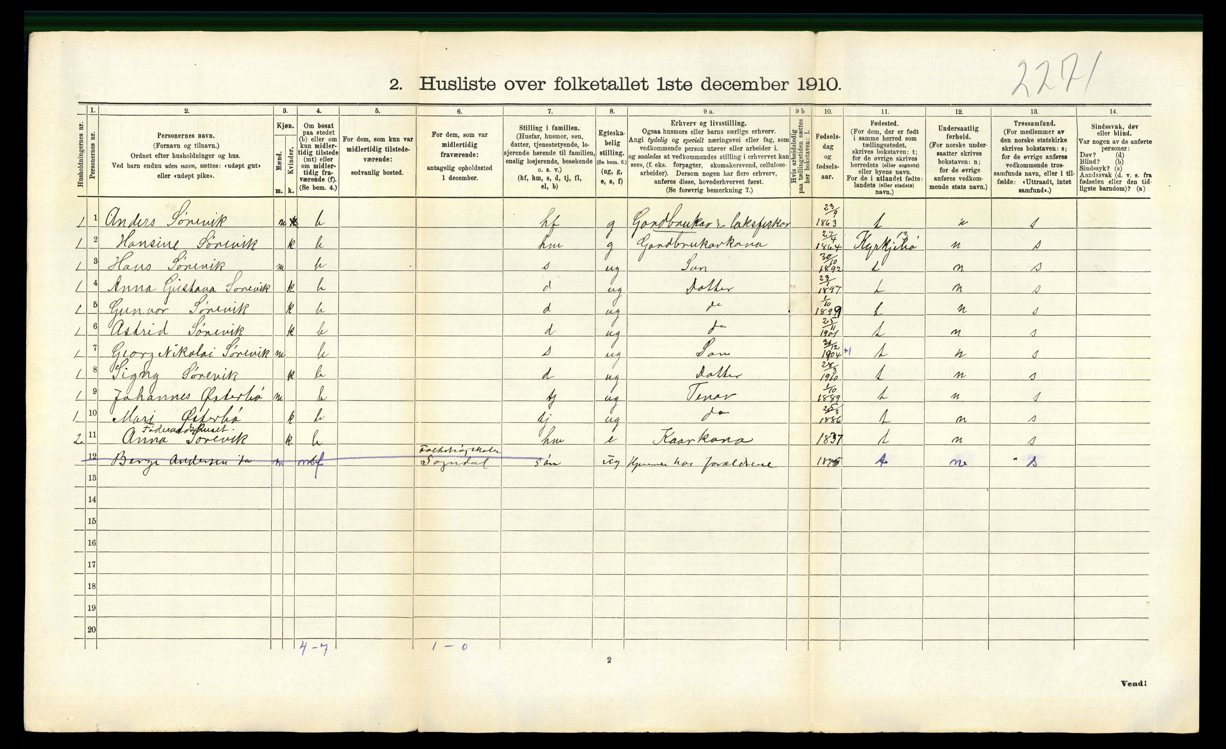 RA, 1910 census for Lavik, 1910, p. 312