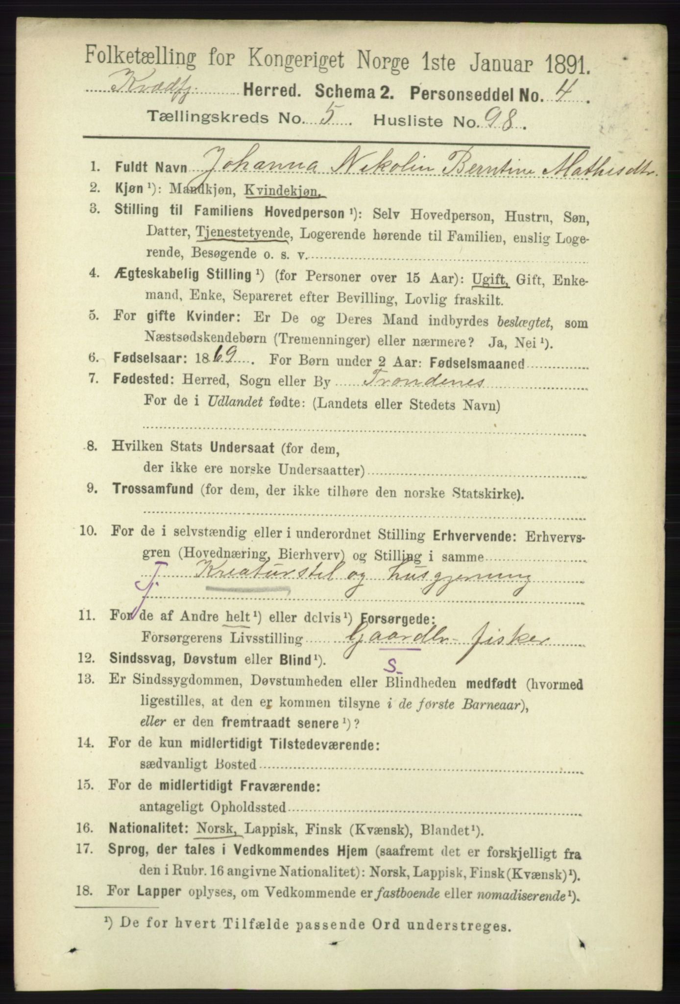 RA, 1891 census for 1911 Kvæfjord, 1891, p. 3462