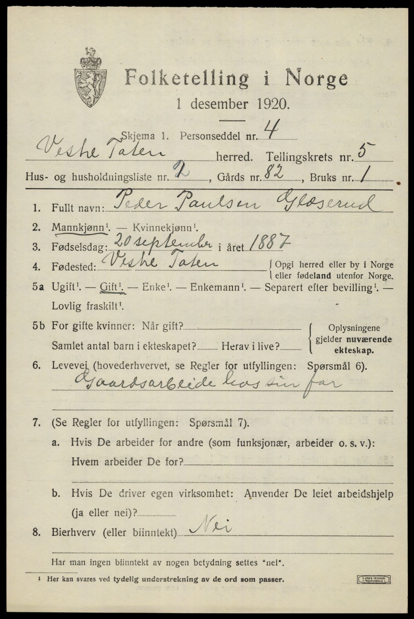 SAH, 1920 census for Vestre Toten, 1920, p. 7300