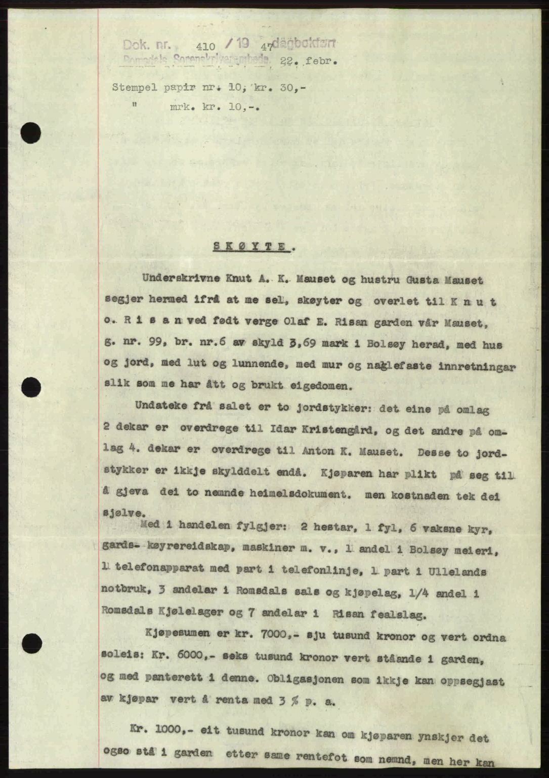 Romsdal sorenskriveri, SAT/A-4149/1/2/2C: Mortgage book no. A22, 1947-1947, Diary no: : 410/1947