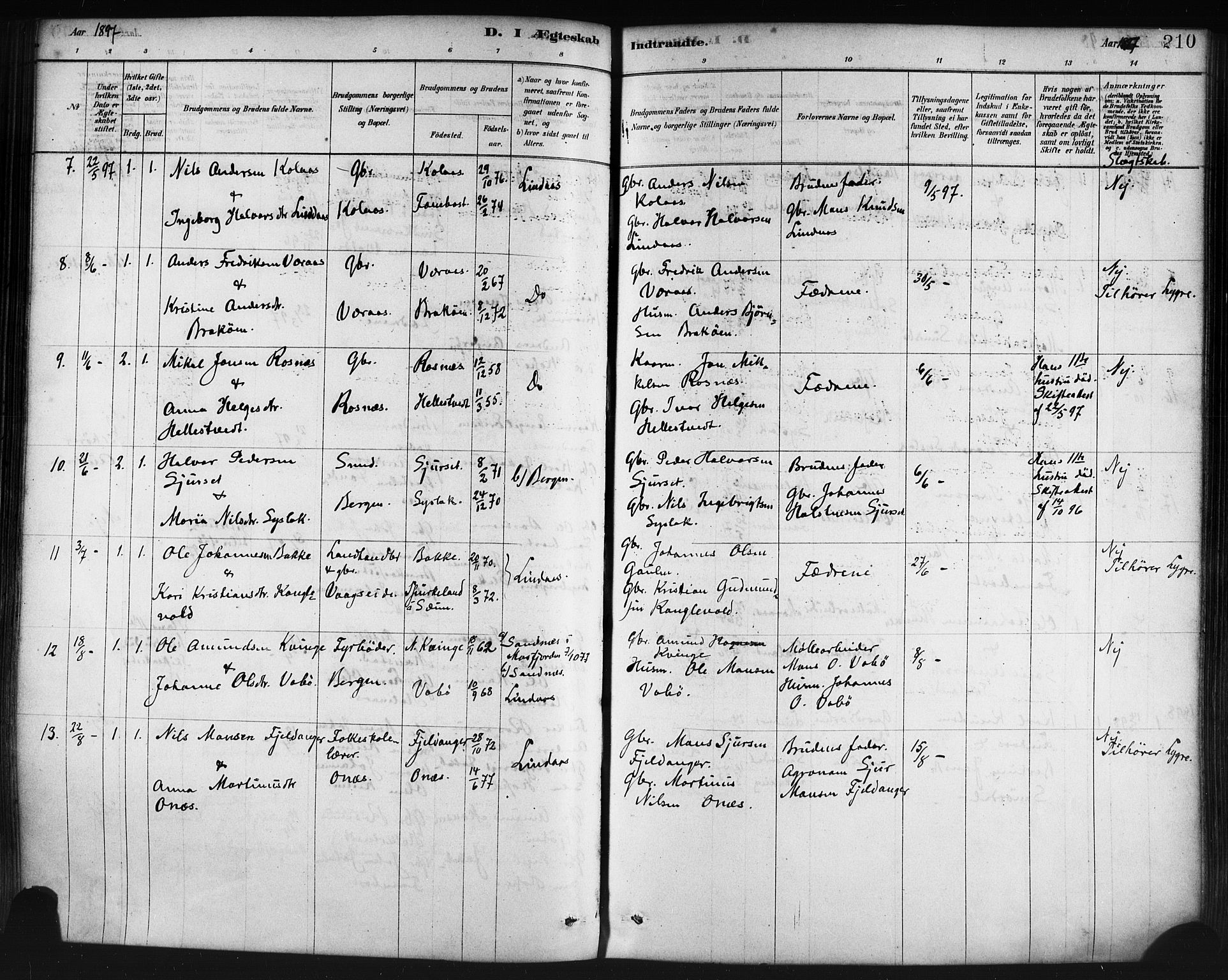 Lindås Sokneprestembete, AV/SAB-A-76701/H/Haa/Haaa/L0019: Parish register (official) no. A 19, 1878-1912, p. 210