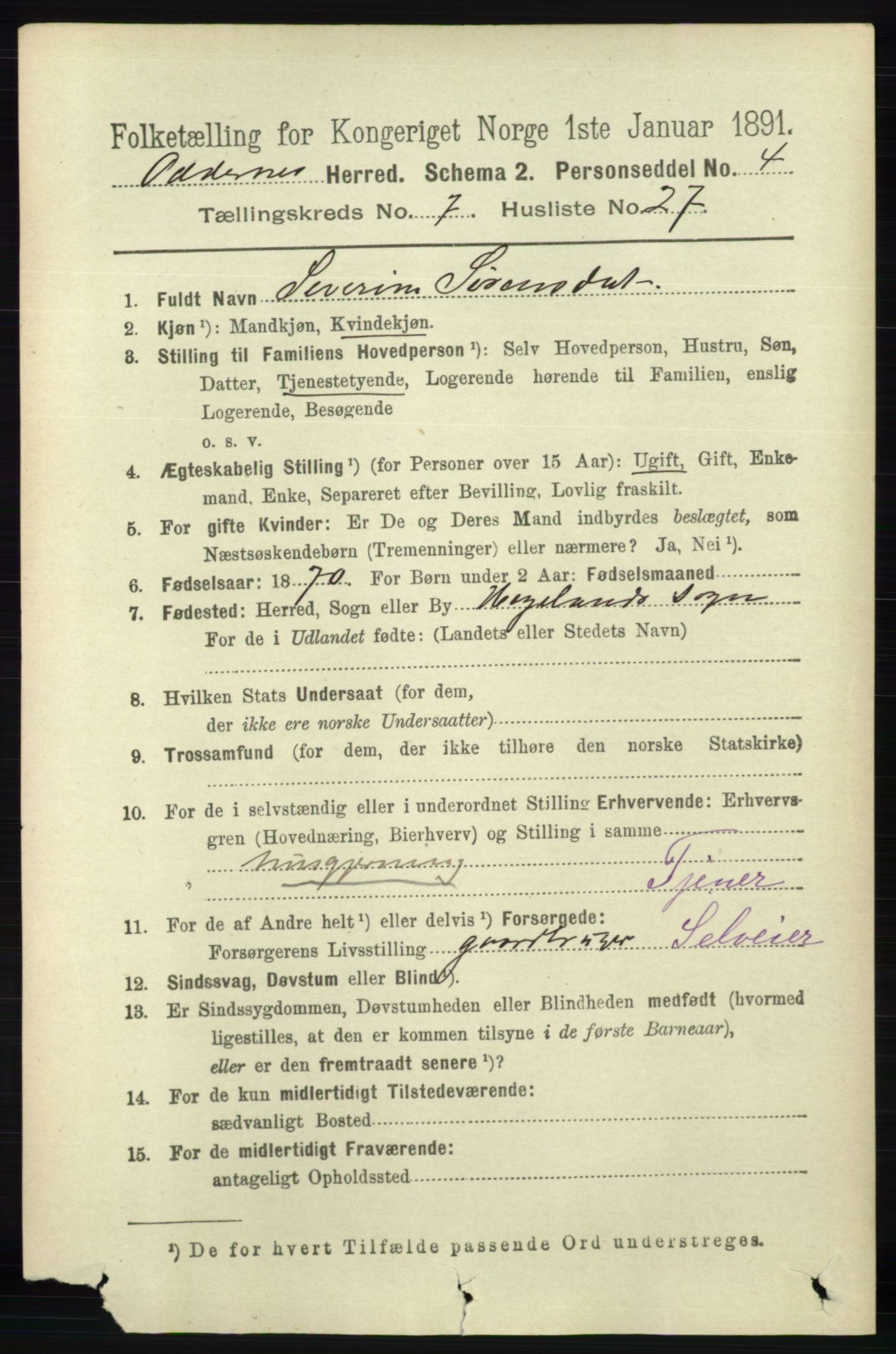 RA, 1891 census for 1012 Oddernes, 1891, p. 2629