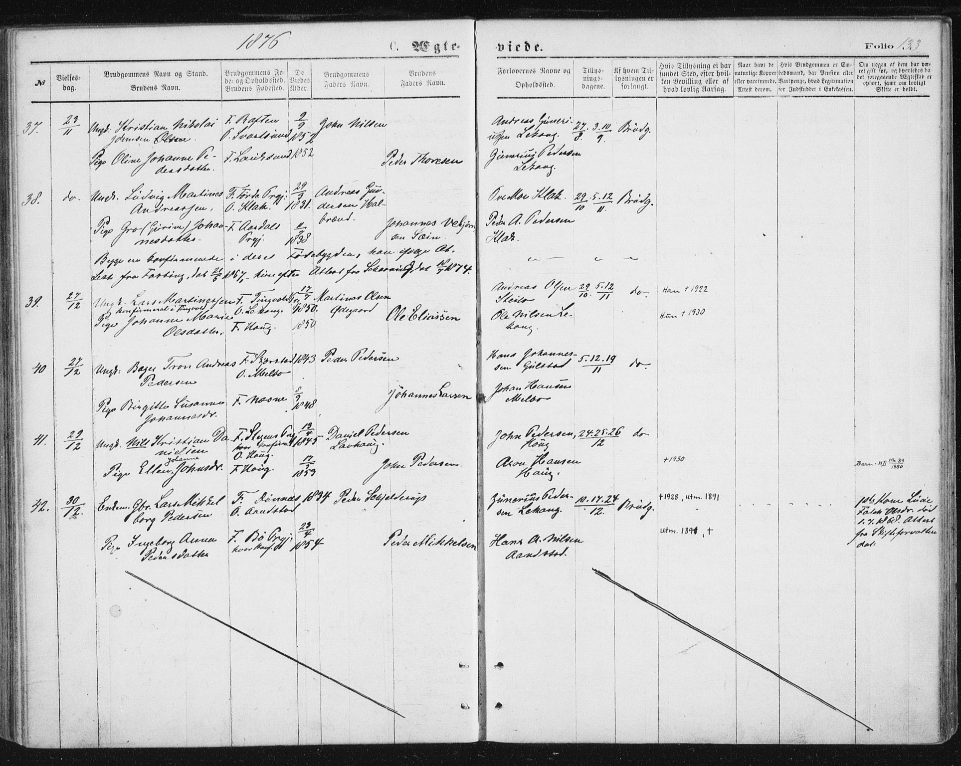 Ministerialprotokoller, klokkerbøker og fødselsregistre - Nordland, SAT/A-1459/888/L1243: Parish register (official) no. 888A09, 1876-1879, p. 133