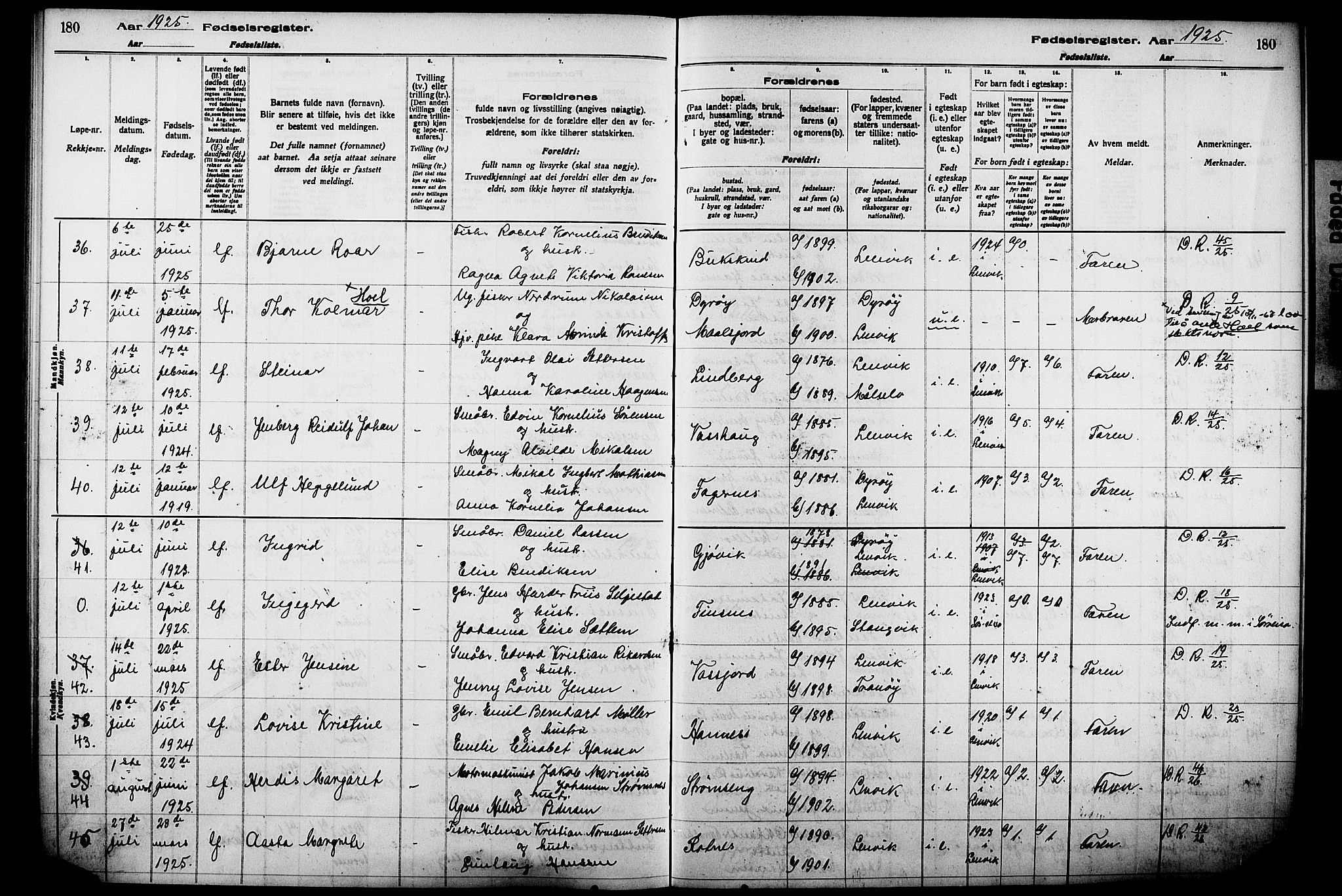 Lenvik sokneprestembete, AV/SATØ-S-1310/I/Ic/L0089: Birth register no. 89, 1916-1926, p. 180