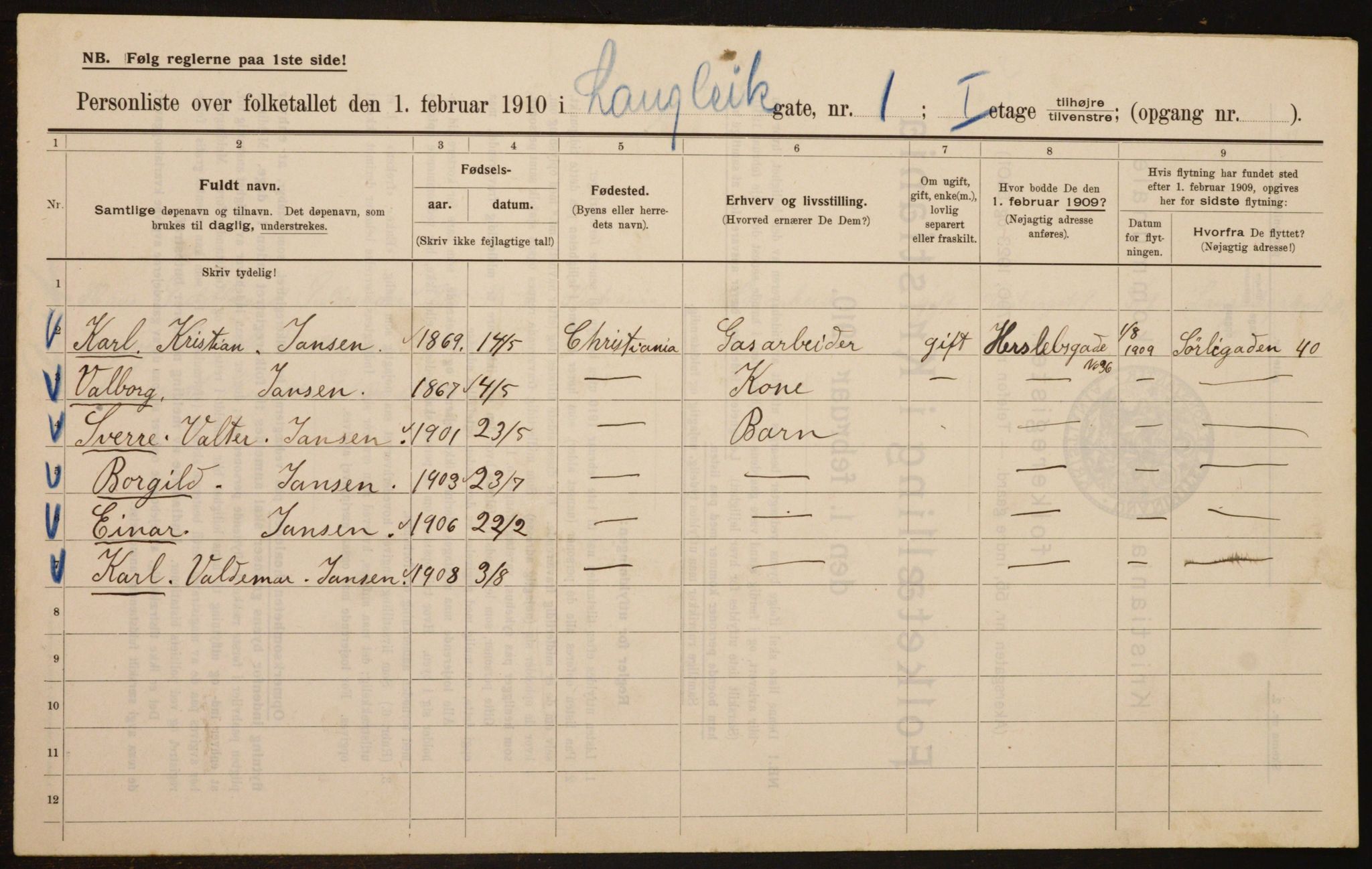 OBA, Municipal Census 1910 for Kristiania, 1910, p. 54898