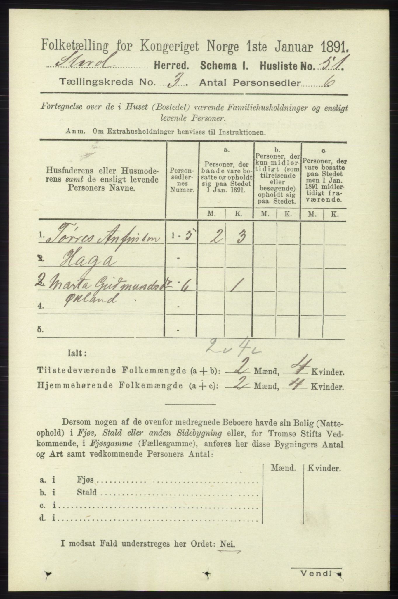 RA, 1891 census for 1221 Stord, 1891, p. 517