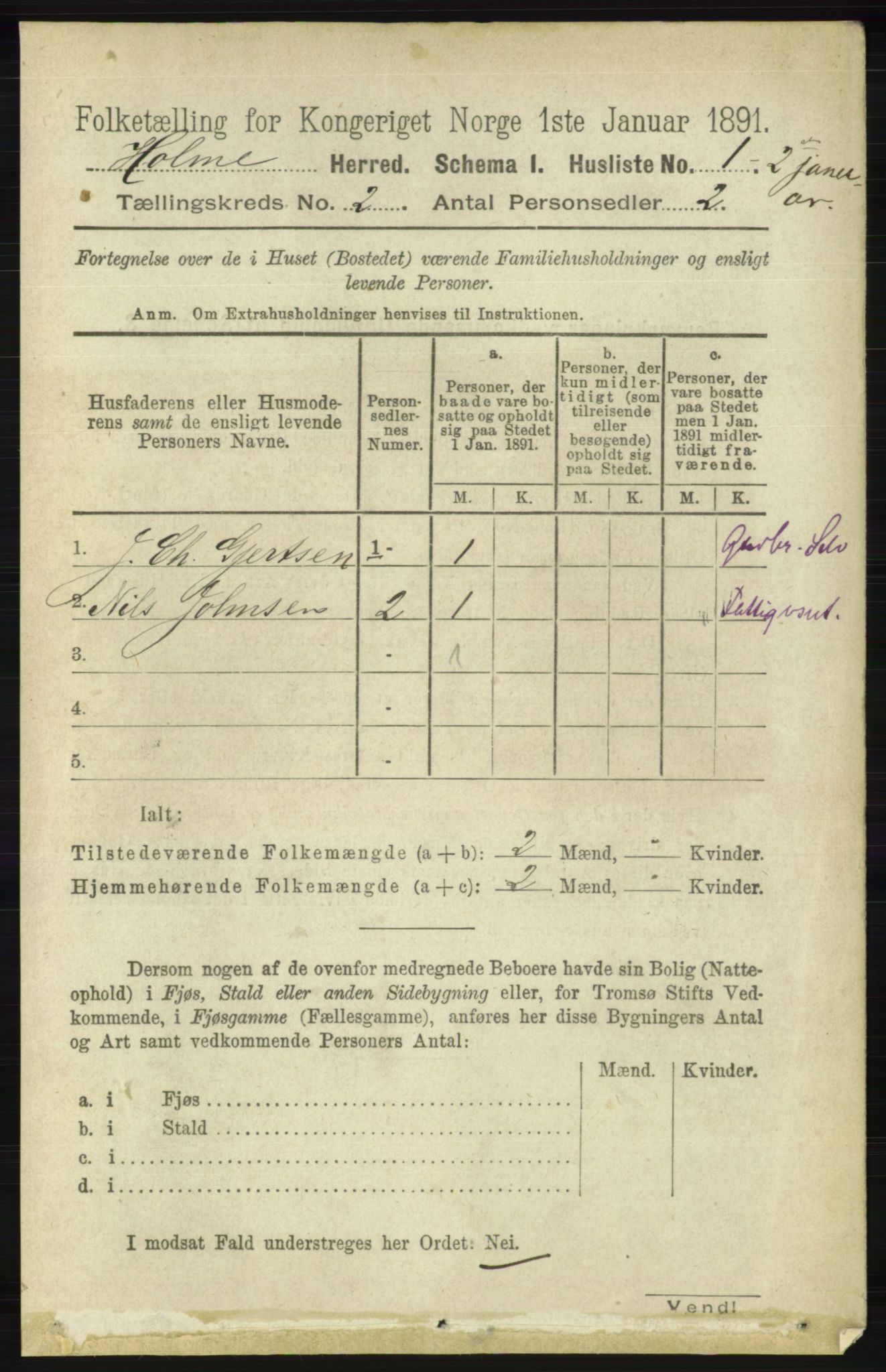RA, 1891 census for 1020 Holum, 1891, p. 168