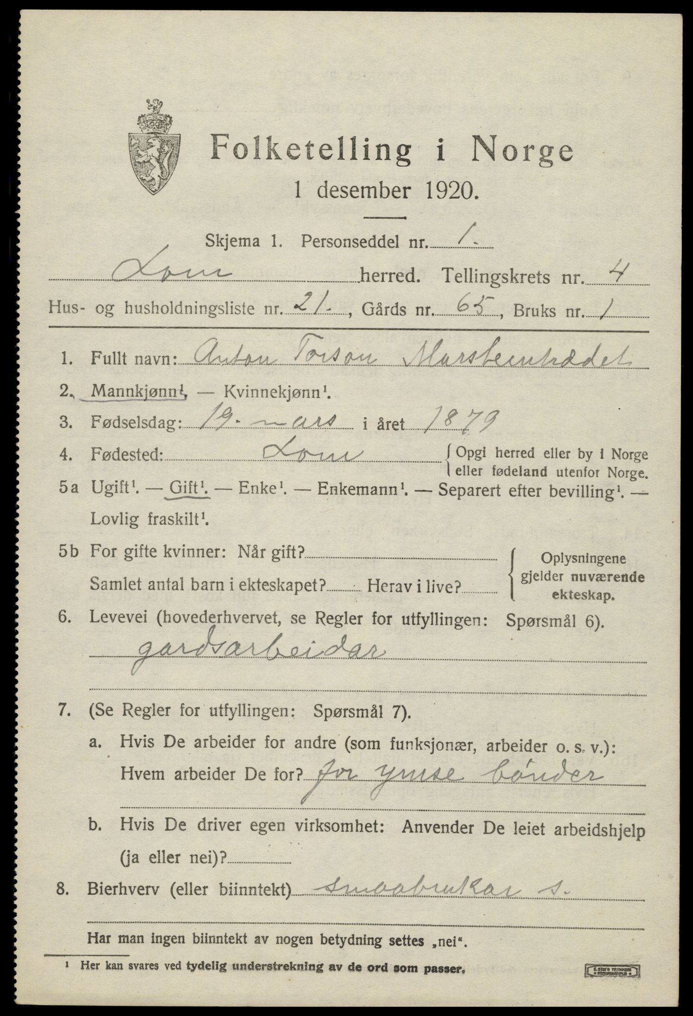 SAH, 1920 census for Lom, 1920, p. 2860