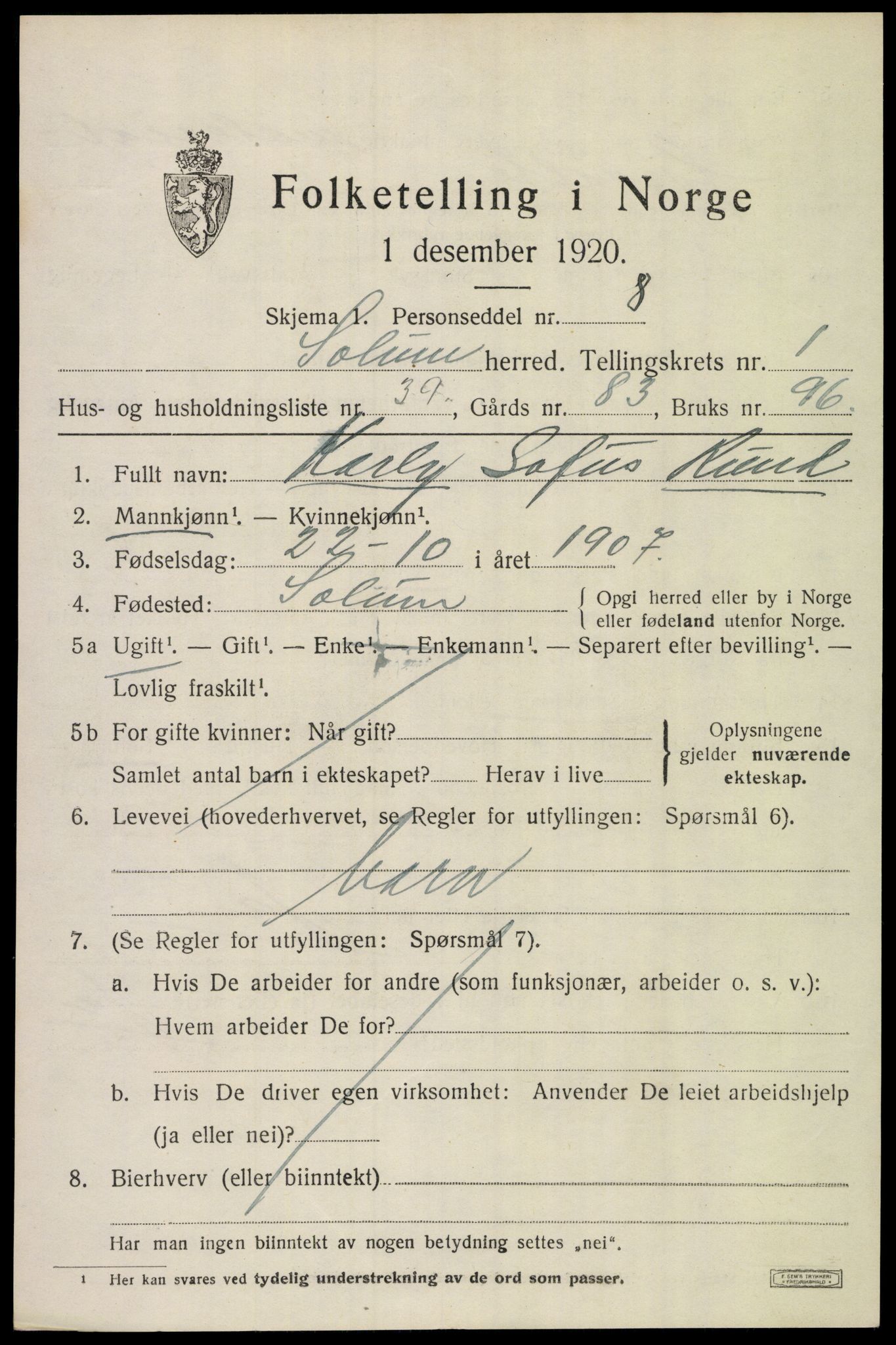 SAKO, 1920 census for Solum, 1920, p. 2976