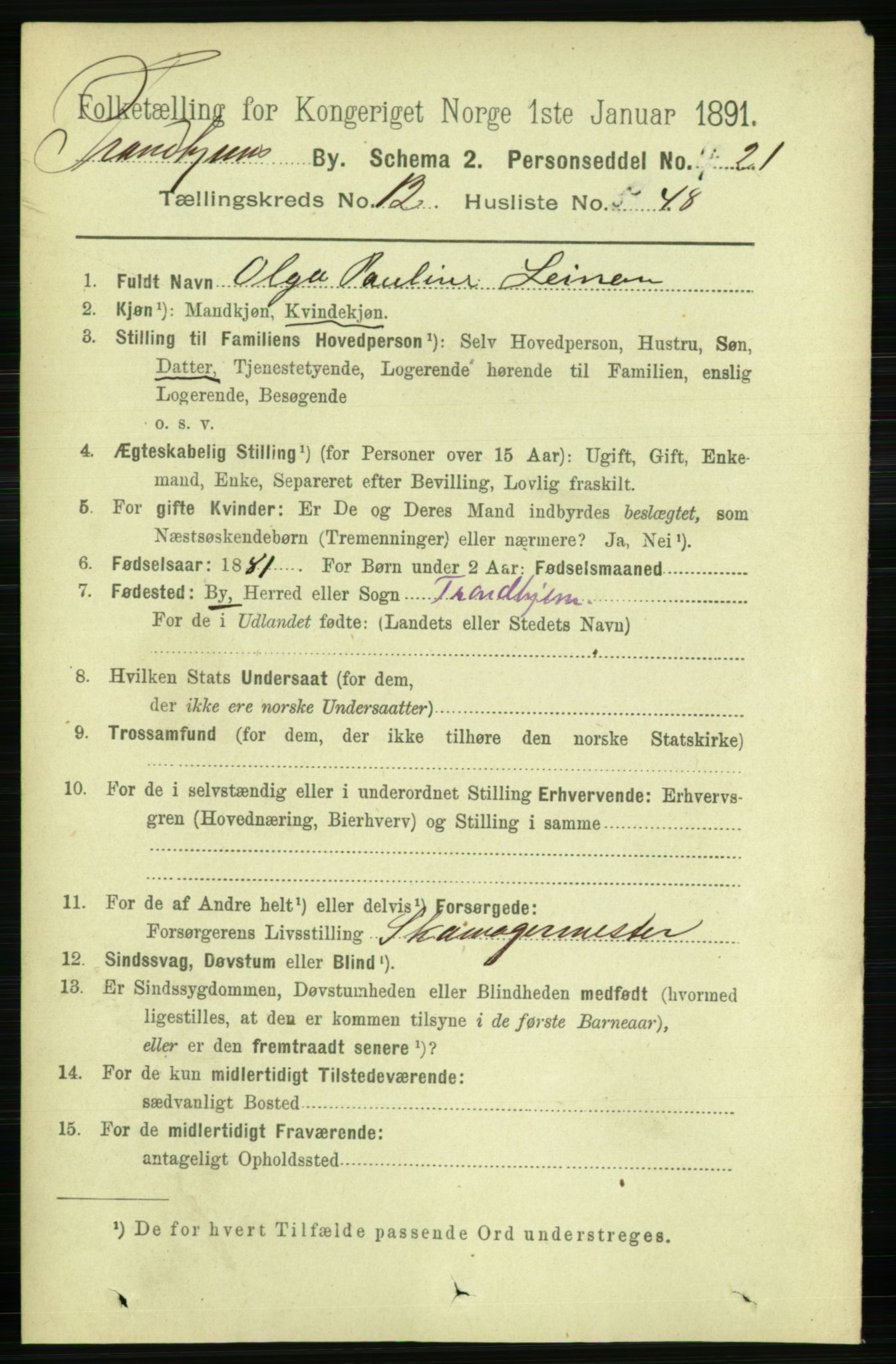 RA, 1891 census for 1601 Trondheim, 1891, p. 10185
