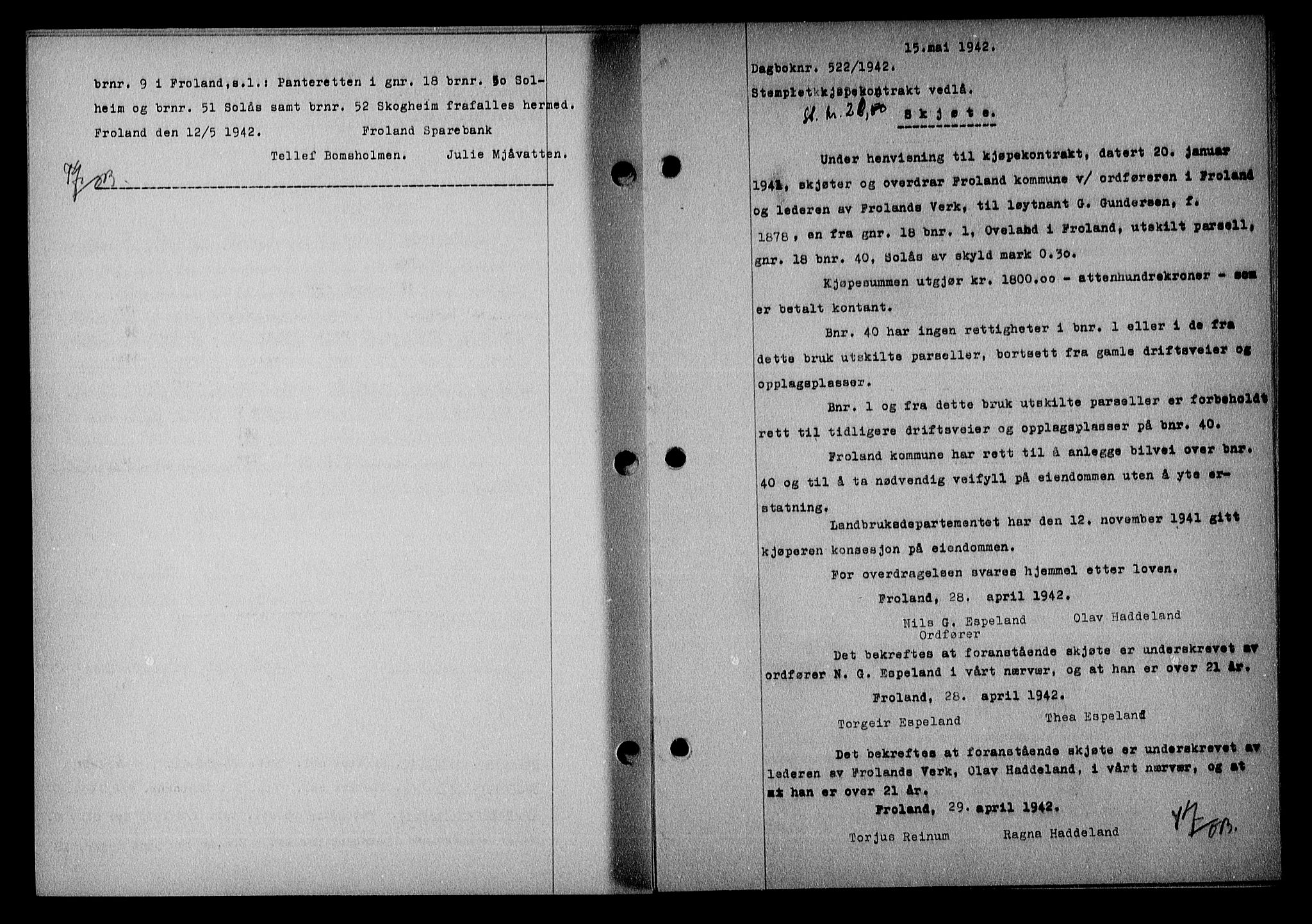 Nedenes sorenskriveri, AV/SAK-1221-0006/G/Gb/Gba/L0049: Mortgage book no. A-III, 1941-1942, Diary no: : 522/1942