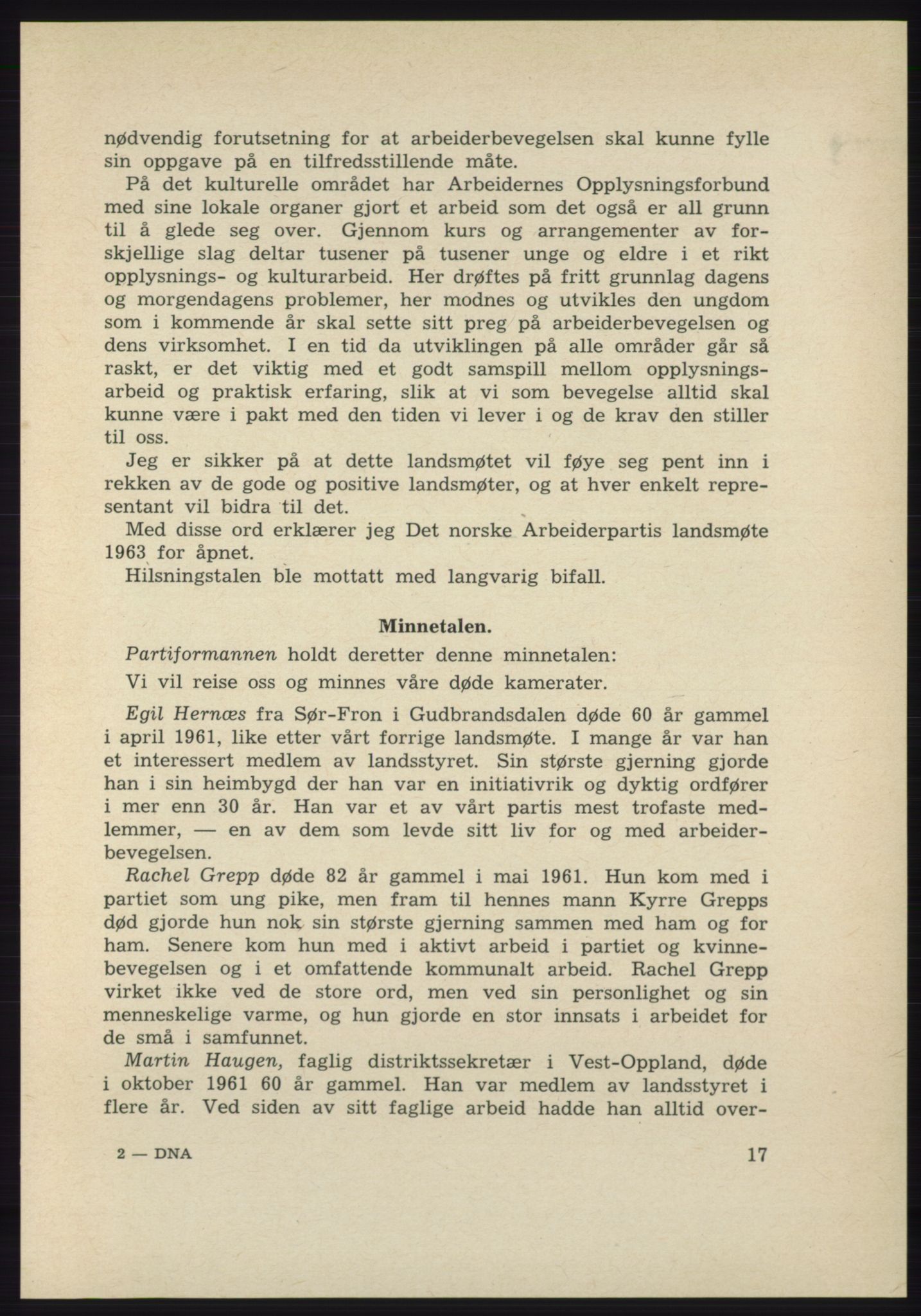 Det norske Arbeiderparti - publikasjoner, AAB/-/-/-: Protokoll over forhandlingene på det 39. ordinære landsmøte 23.-25. mai 1963 i Oslo, 1963, p. 17