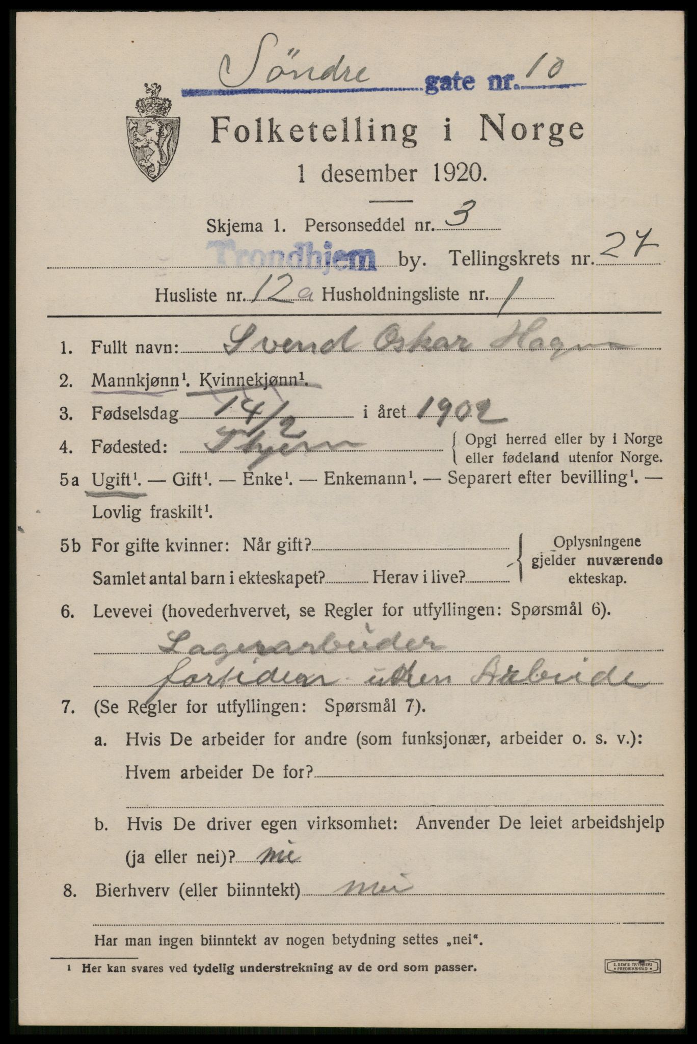 SAT, 1920 census for Trondheim, 1920, p. 70060