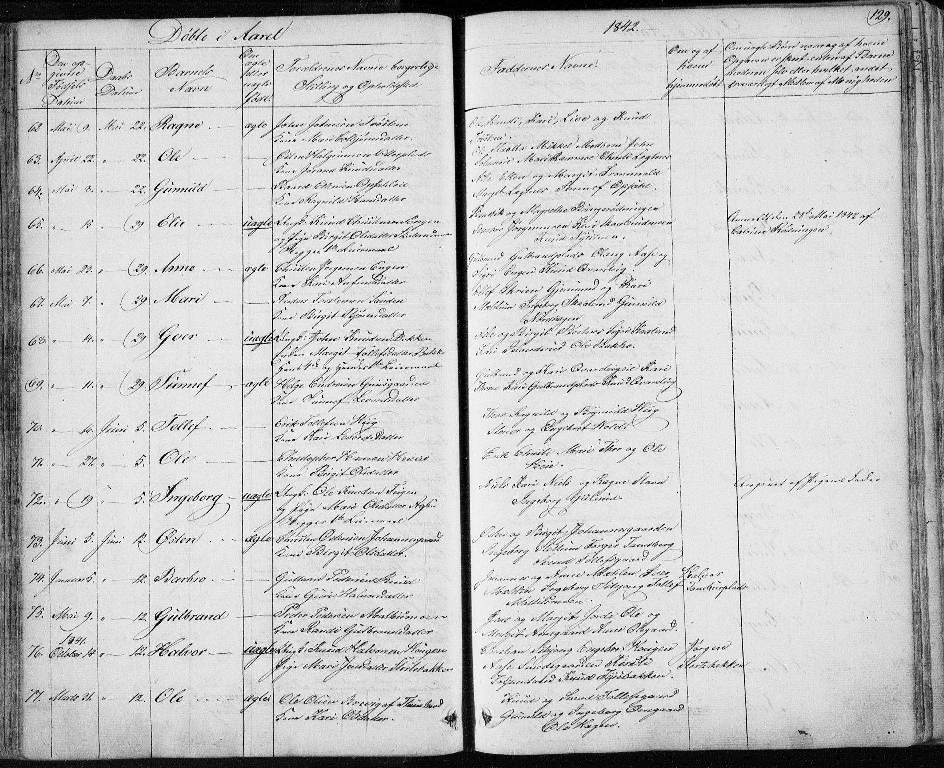 Nes kirkebøker, SAKO/A-236/F/Fa/L0009: Parish register (official) no. 9, 1834-1863, p. 129