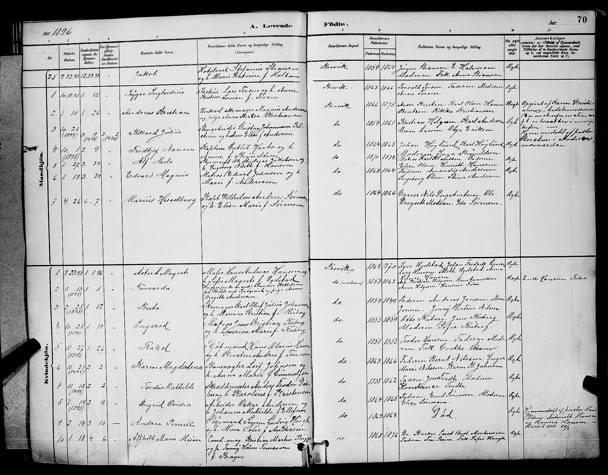 Brevik kirkebøker, SAKO/A-255/G/Ga/L0004: Parish register (copy) no. 4, 1882-1900, p. 70