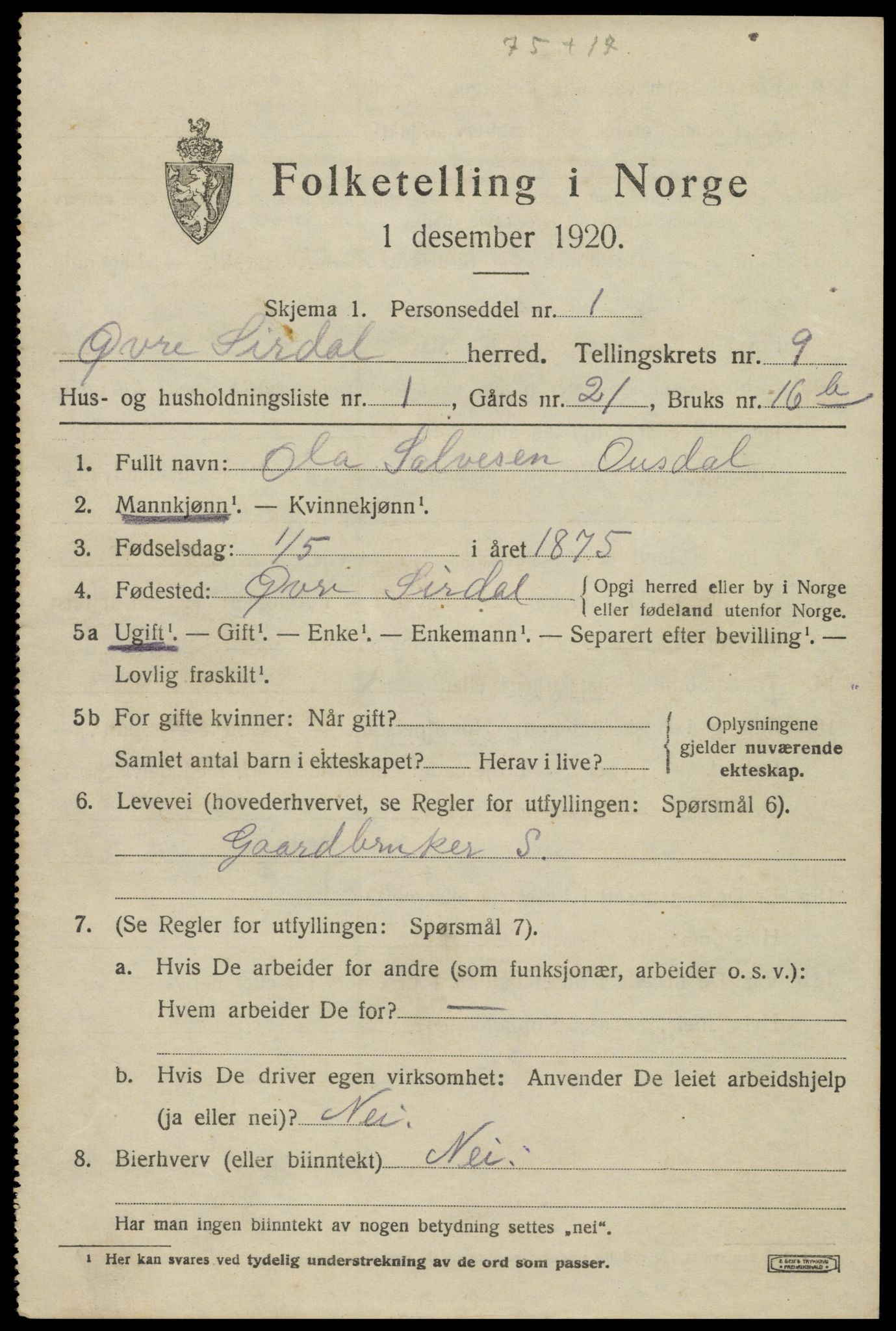 SAK, 1920 census for Øvre Sirdal, 1920, p. 1491