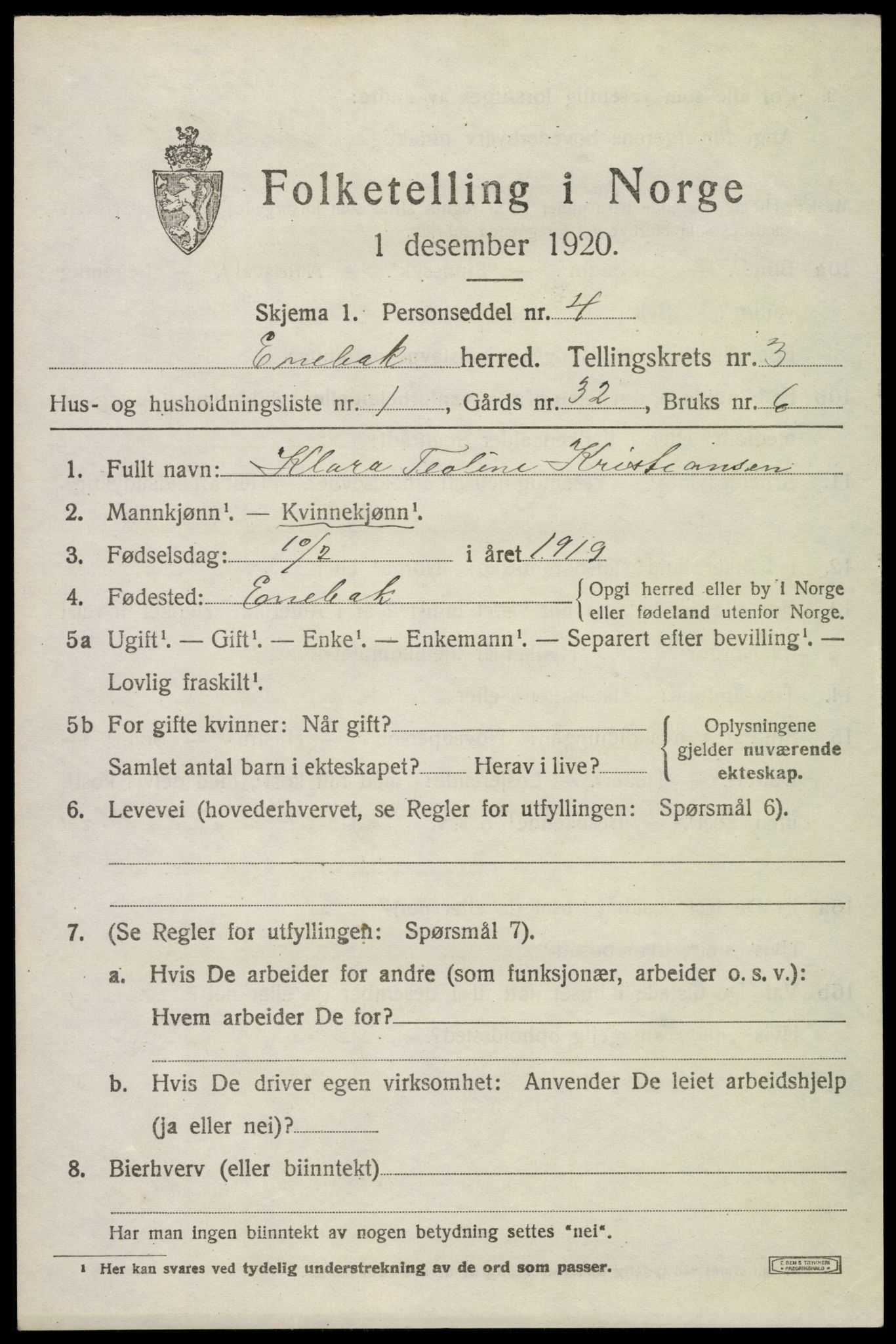 SAO, 1920 census for Enebakk, 1920, p. 2751