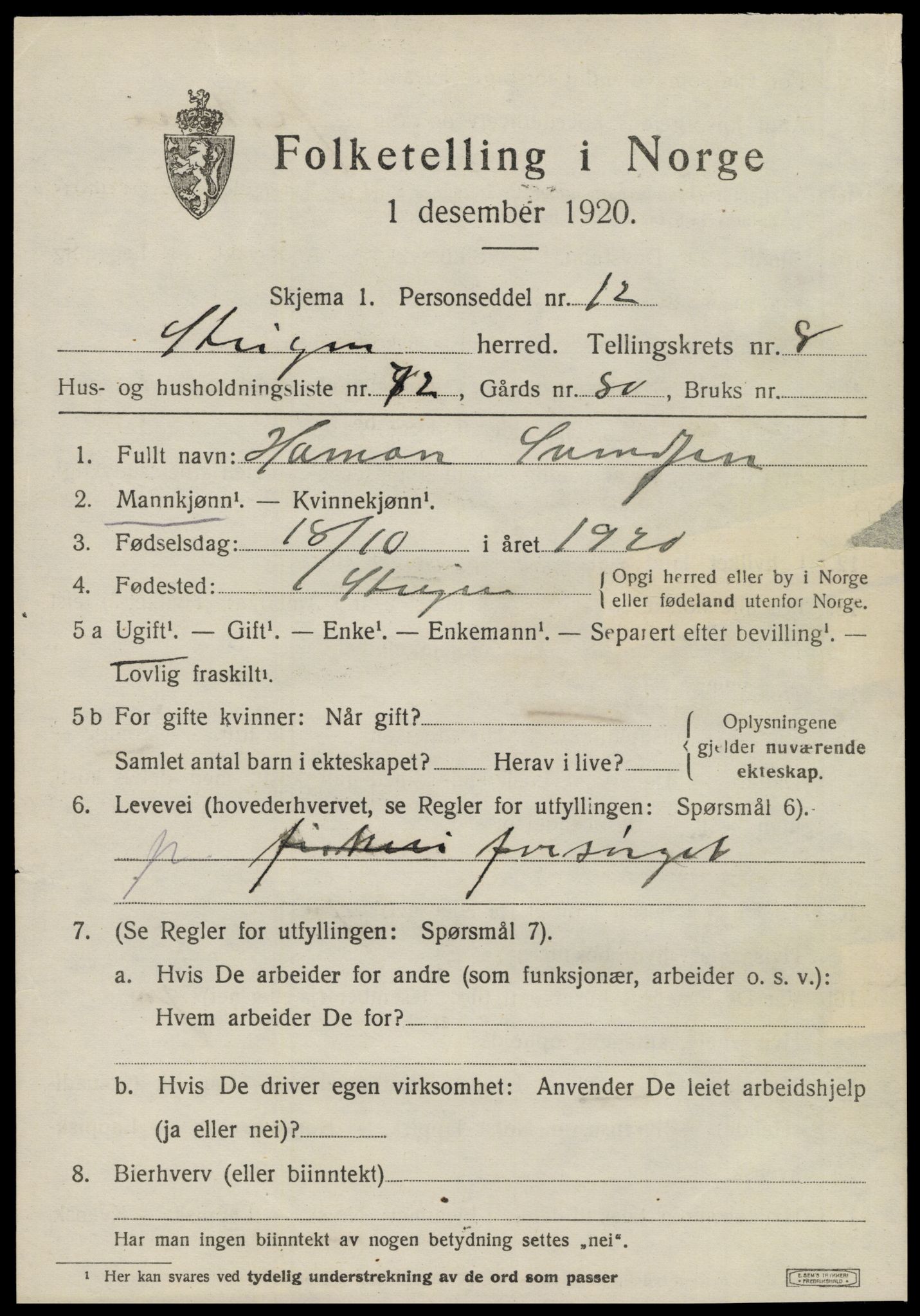 SAT, 1920 census for Steigen, 1920, p. 3950