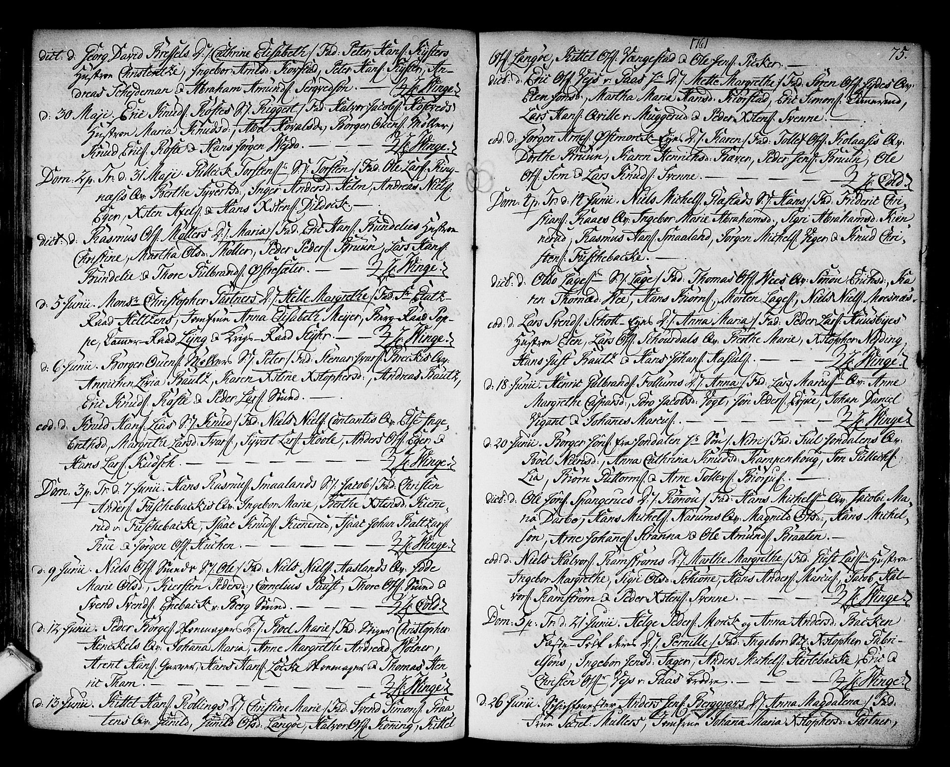 Kongsberg kirkebøker, AV/SAKO-A-22/F/Fa/L0004: Parish register (official) no. I 4, 1756-1768, p. 75
