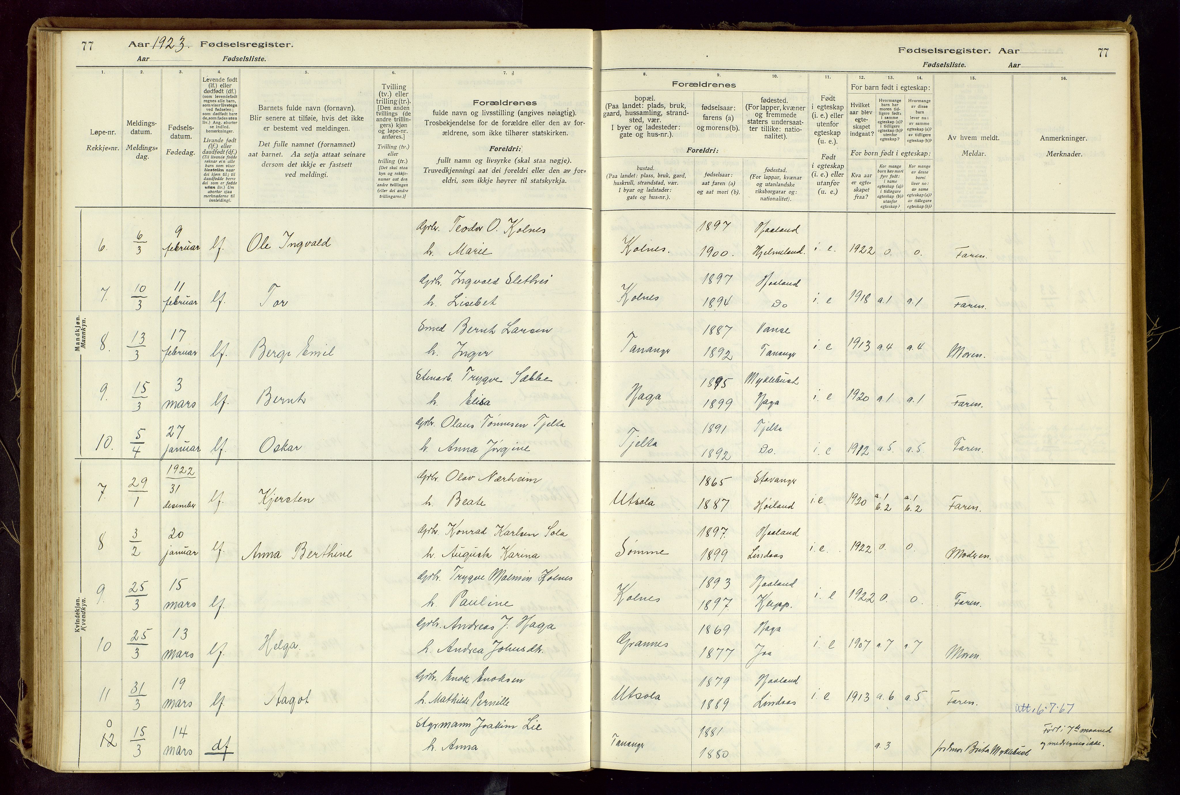 Håland sokneprestkontor, AV/SAST-A-101802/001/704BA/L0001: Birth register no. 1, 1916-1936, p. 77