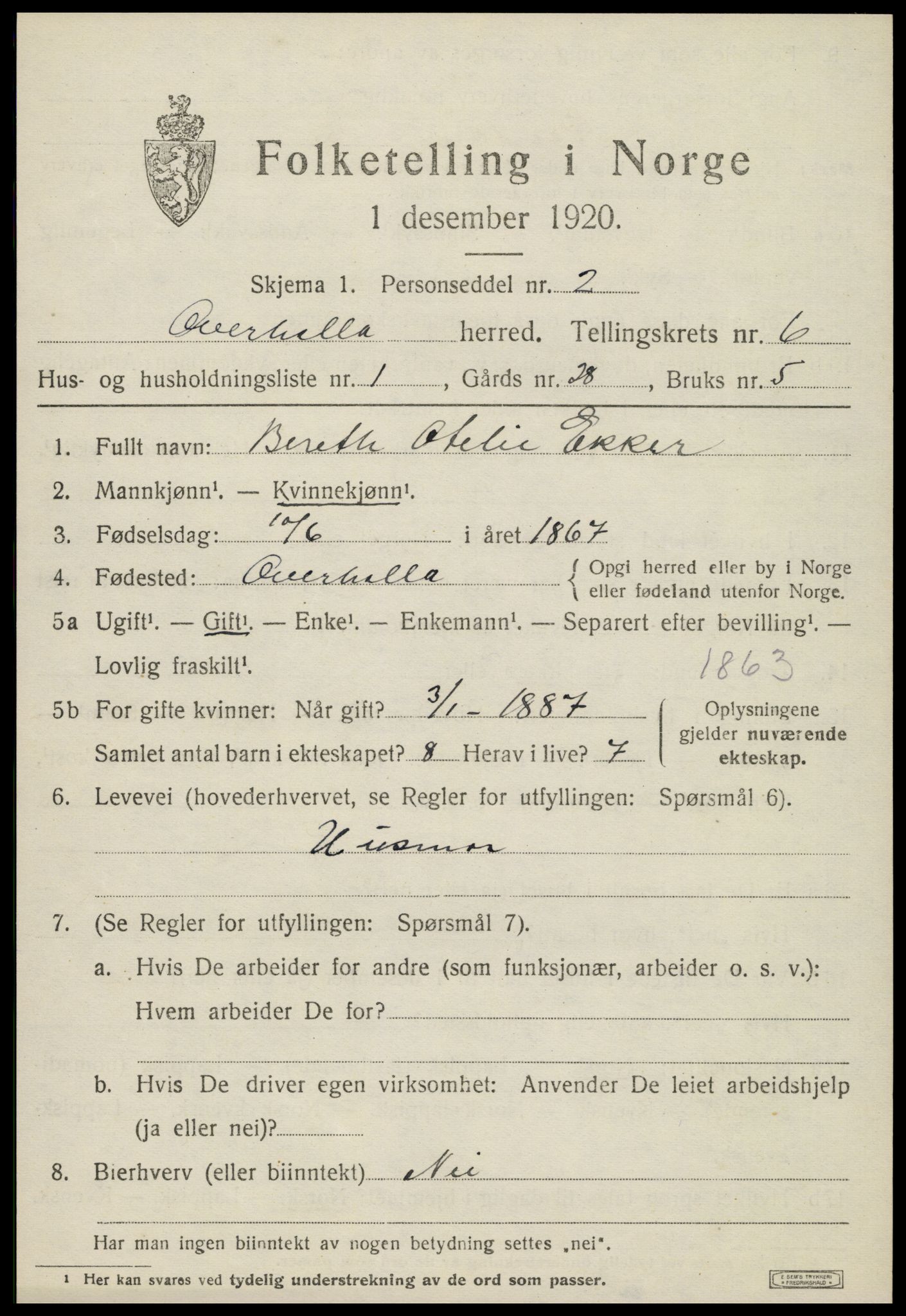 SAT, 1920 census for Overhalla, 1920, p. 4292