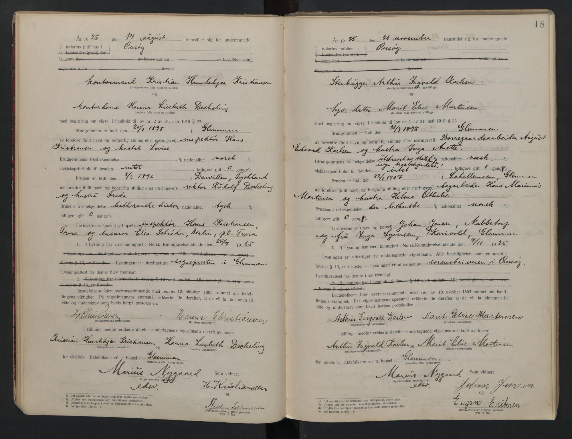 Onsøy sorenskriveri, AV/SAO-A-10474/L/La/L0001: Vigselsbok, 1920-1942, p. 18