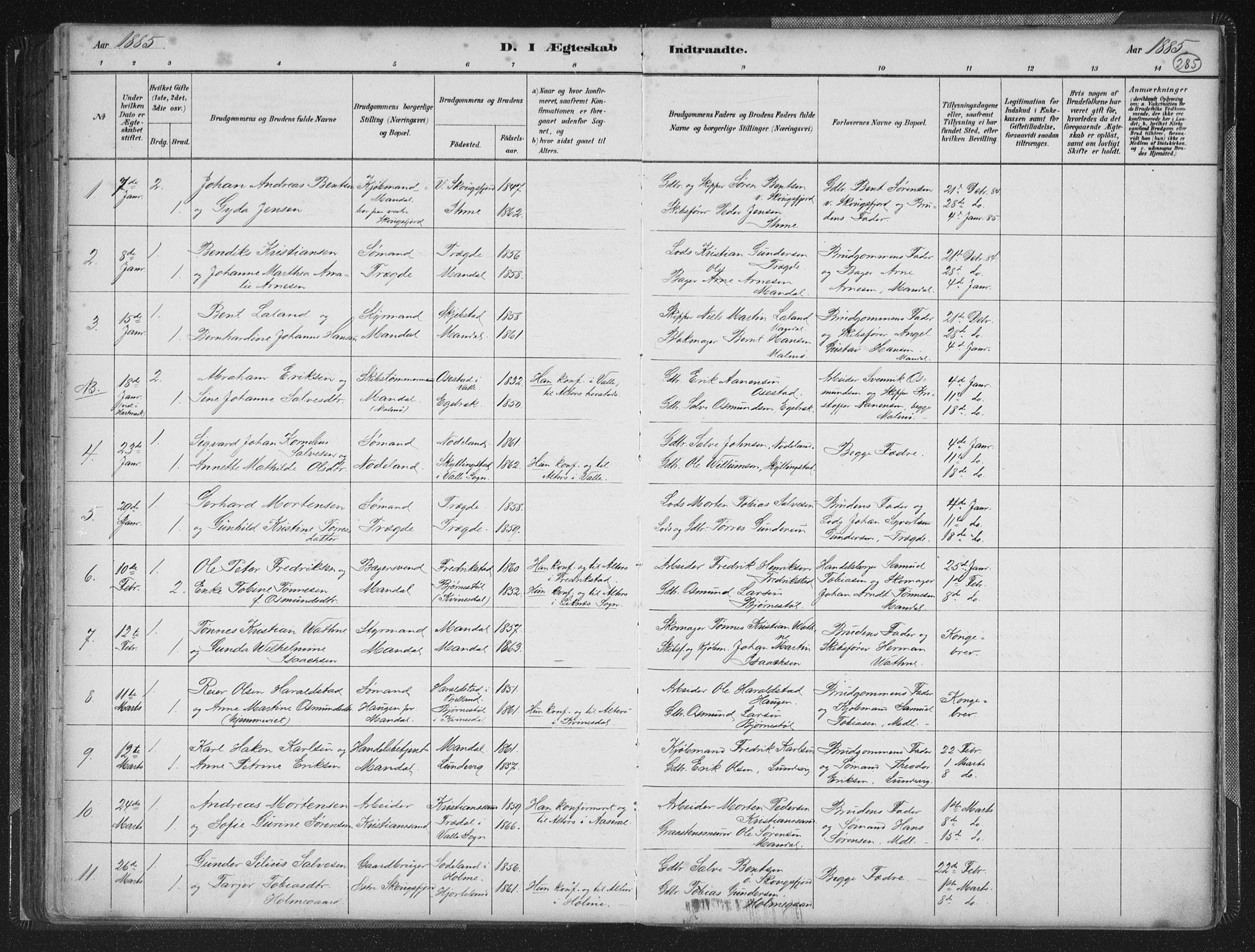 Mandal sokneprestkontor, SAK/1111-0030/F/Fb/Fba/L0011: Parish register (copy) no. B 5, 1880-1898, p. 285