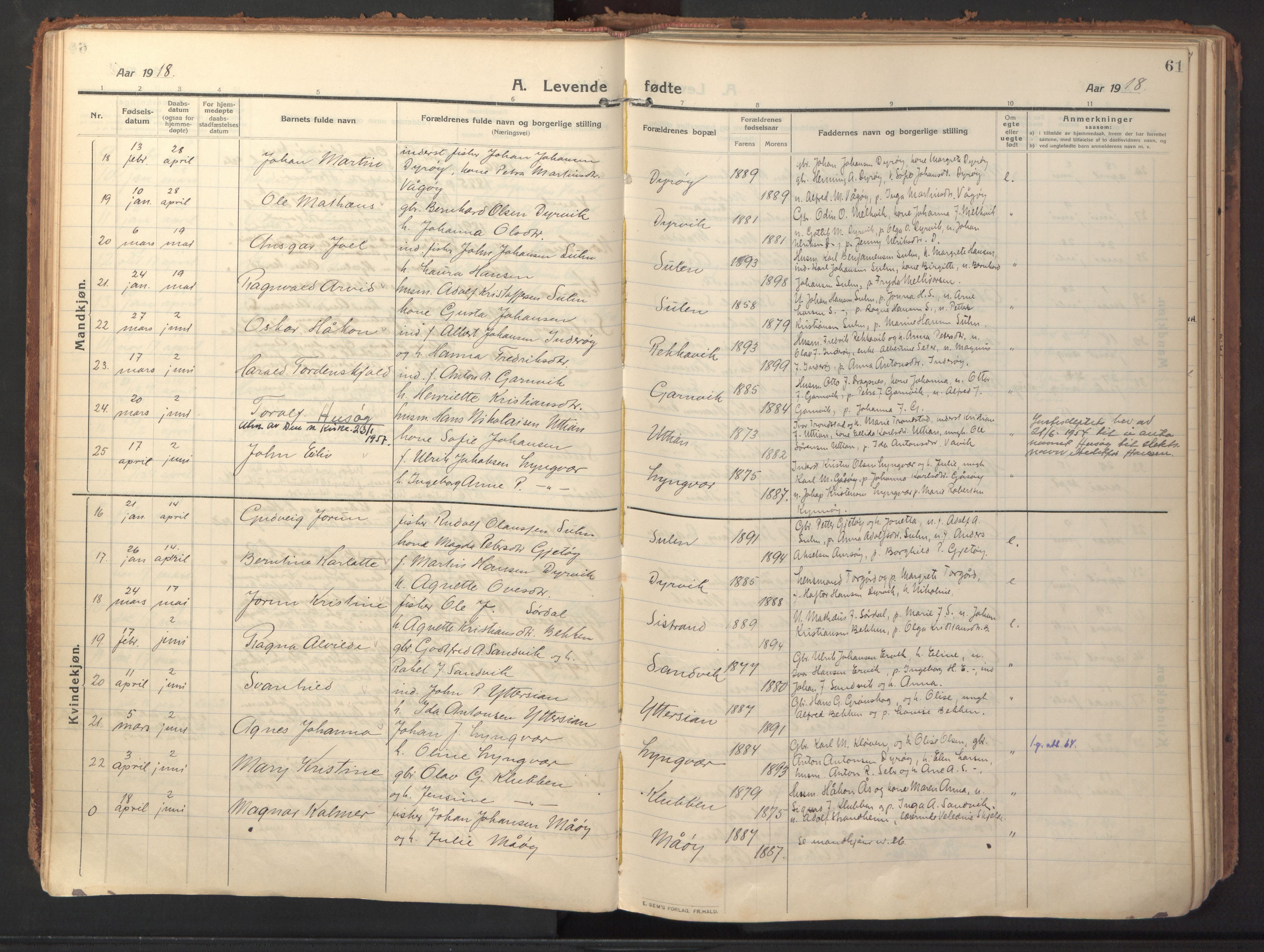 Ministerialprotokoller, klokkerbøker og fødselsregistre - Sør-Trøndelag, AV/SAT-A-1456/640/L0581: Parish register (official) no. 640A06, 1910-1924, p. 61