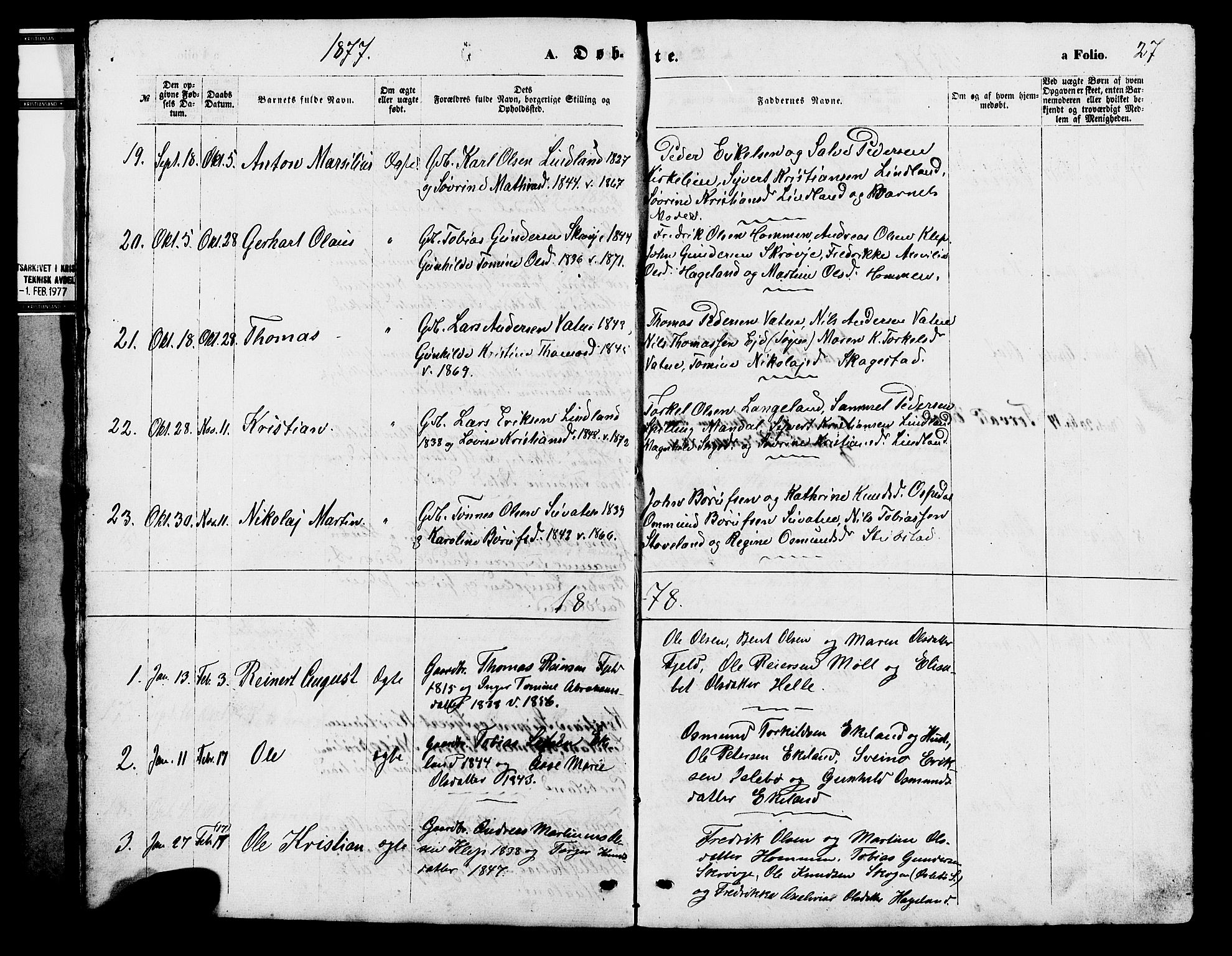 Holum sokneprestkontor, SAK/1111-0022/F/Fb/Fba/L0004: Parish register (copy) no. B 4, 1867-1890, p. 27