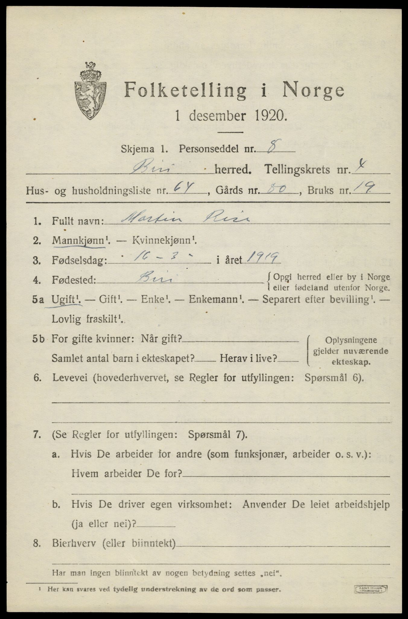 SAH, 1920 census for Biri, 1920, p. 3797