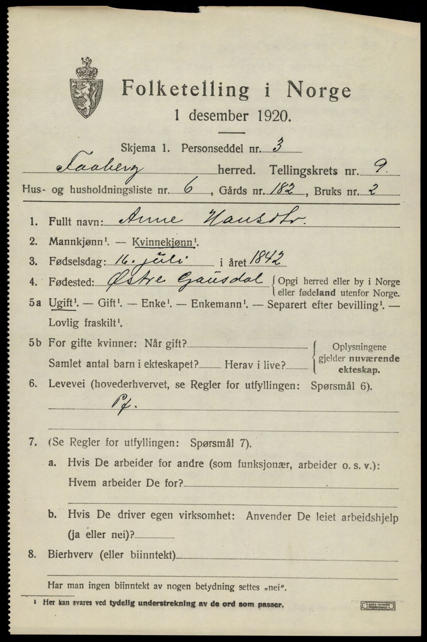 SAH, 1920 census for Fåberg, 1920, p. 10088