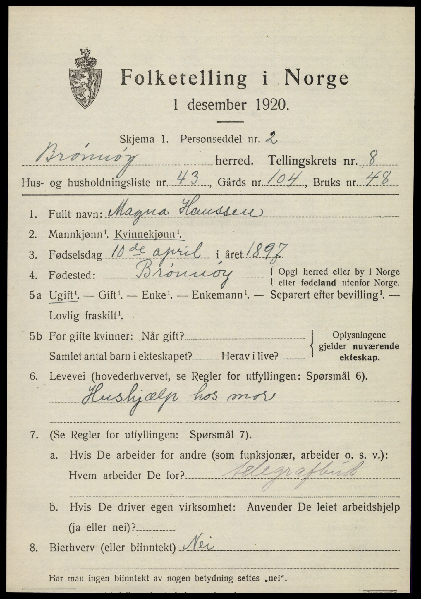 SAT, 1920 census for Brønnøy, 1920, p. 6508