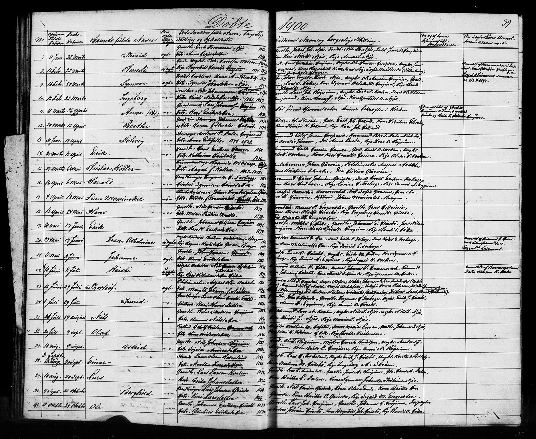 Leikanger sokneprestembete, AV/SAB-A-81001/H/Hab/Haba/L0001: Parish register (copy) no. A 1, 1873-1916, p. 39