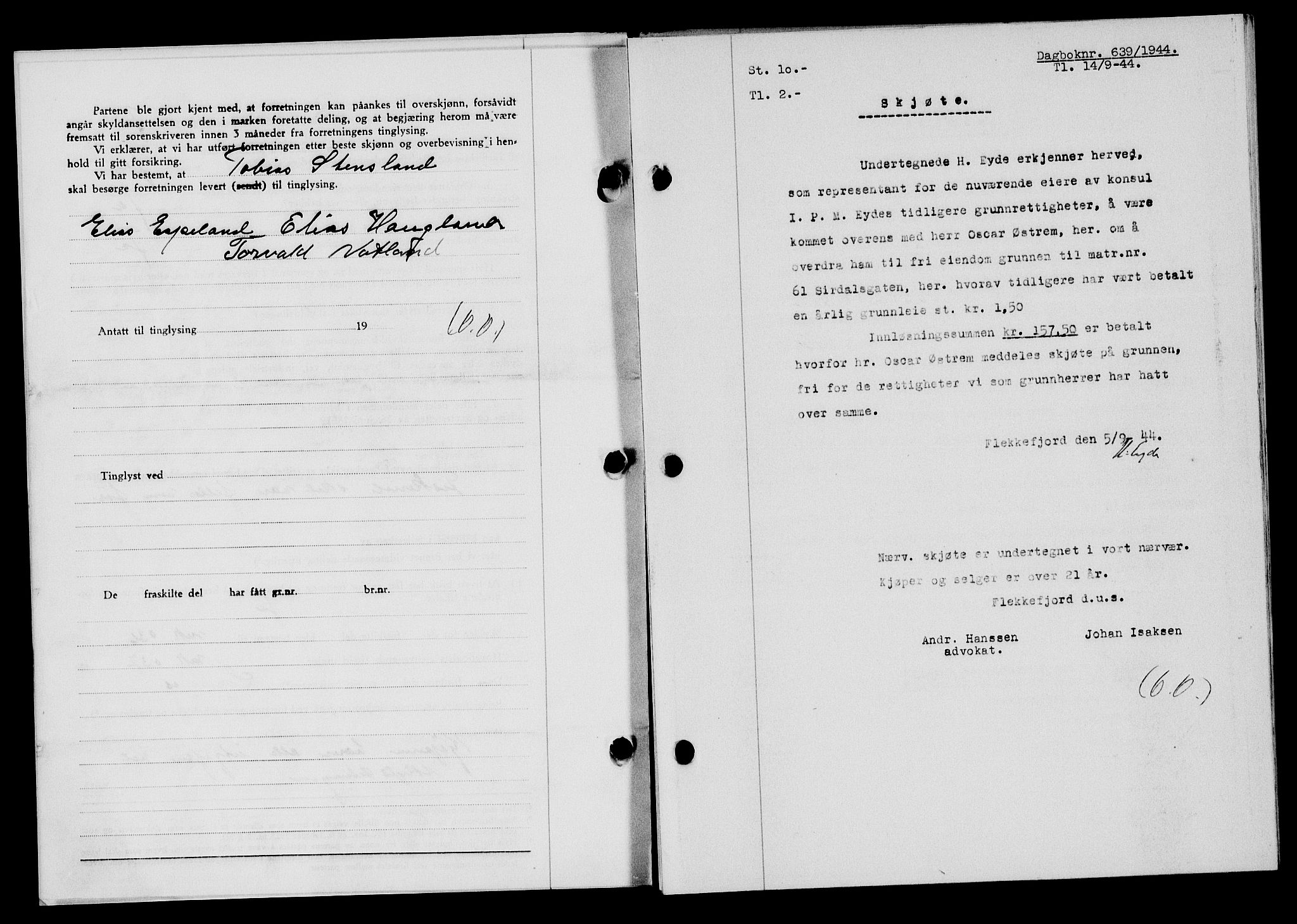 Flekkefjord sorenskriveri, SAK/1221-0001/G/Gb/Gba/L0059: Mortgage book no. A-7, 1944-1945, Diary no: : 639/1944