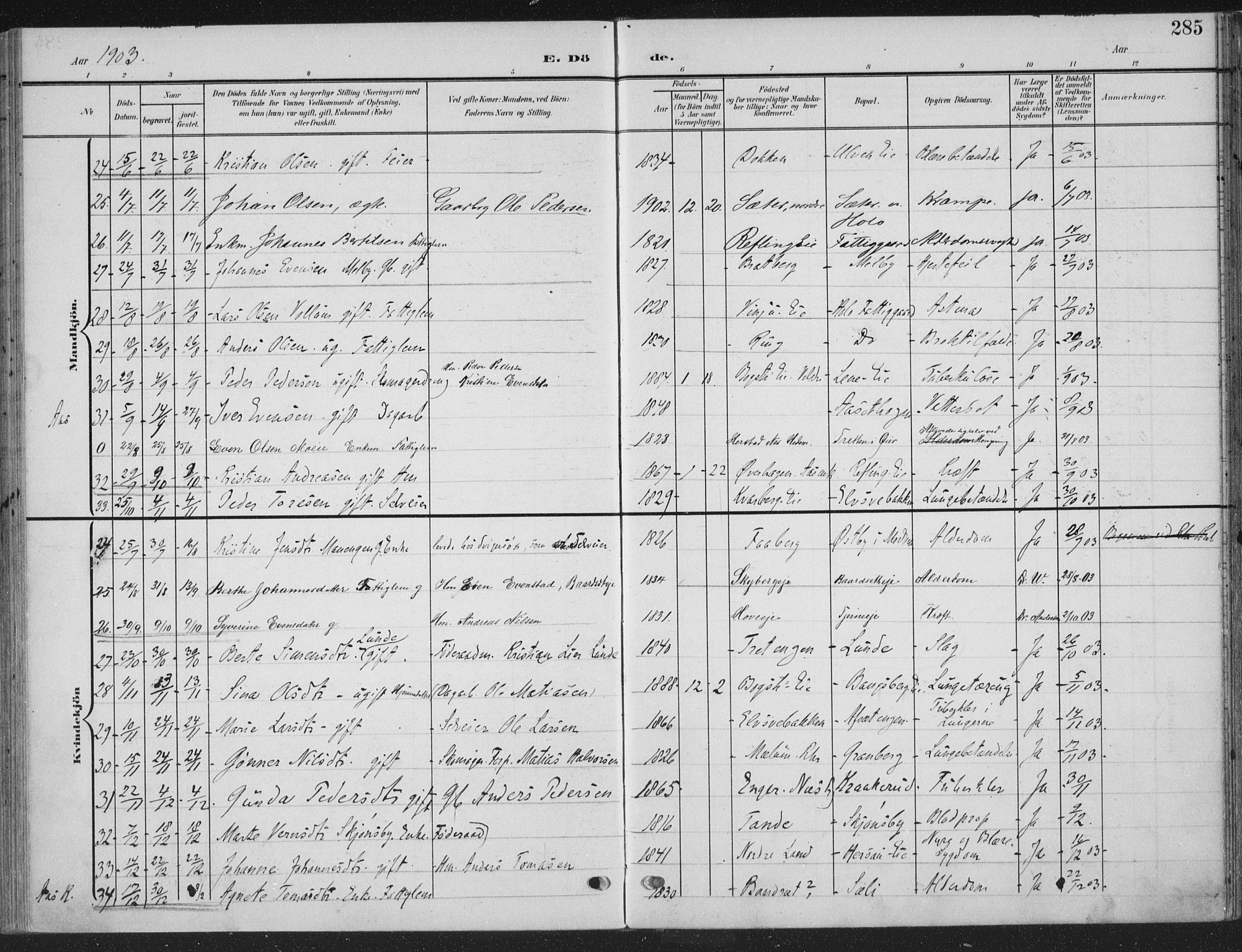 Ringsaker prestekontor, SAH/PREST-014/K/Ka/L0018: Parish register (official) no. 18, 1903-1912, p. 285