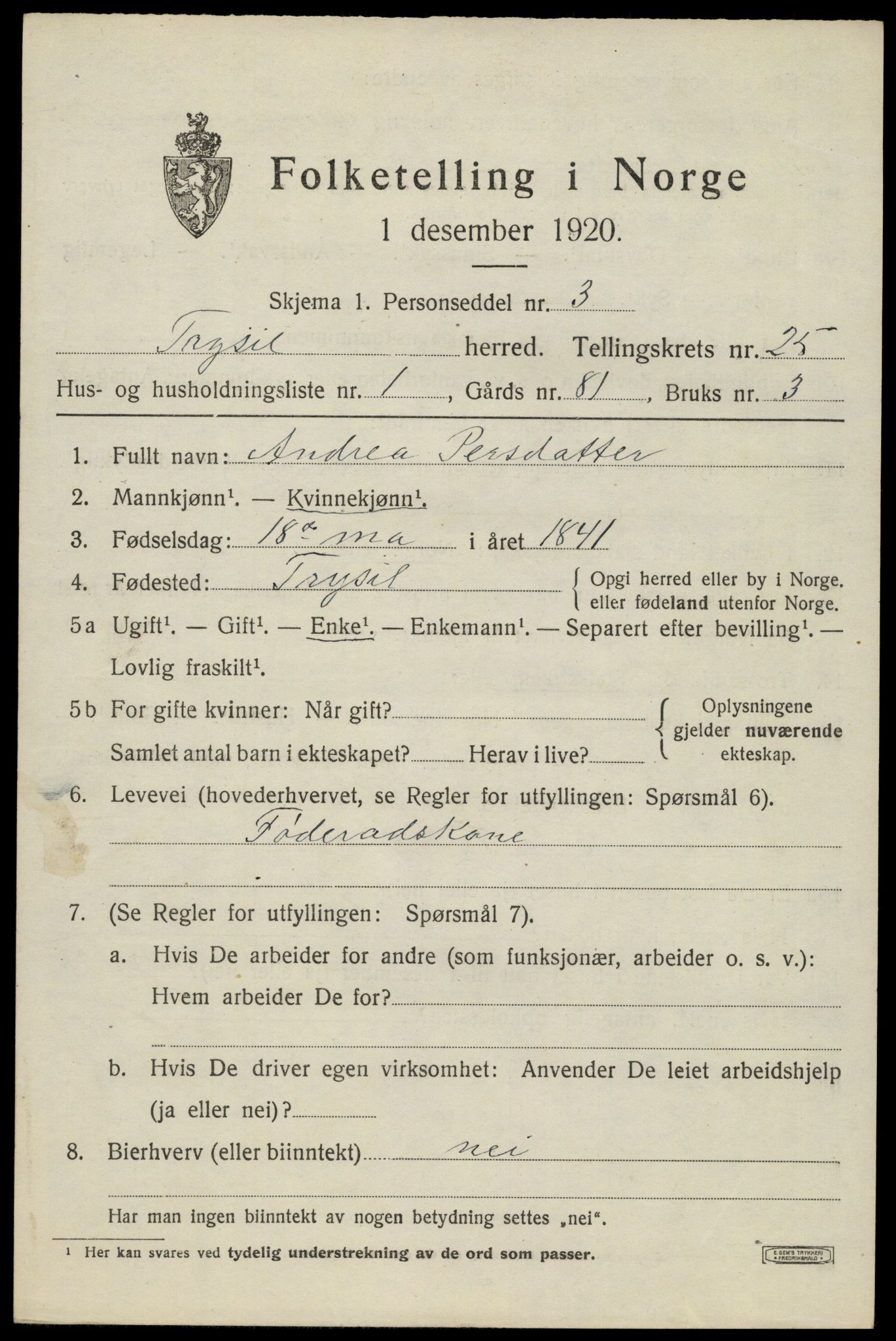 SAH, 1920 census for Trysil, 1920, p. 15695